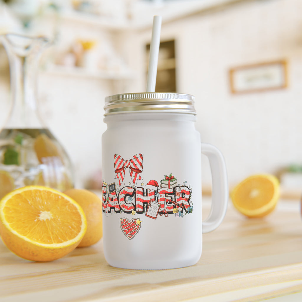 A festive Christmas Jar Tumbler for teachers who inspire hearts and minds all year long Cute Apple & Chalkboard School Design with Straw