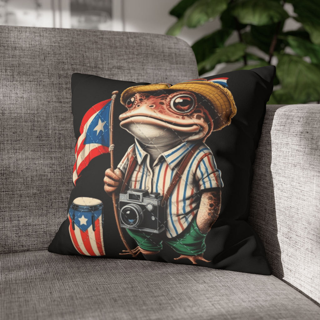 Puerto Rican Flag Frog Faux Suede Pillowcase  Tourist Toad Camera Design Puerto Rico Culture Pillow