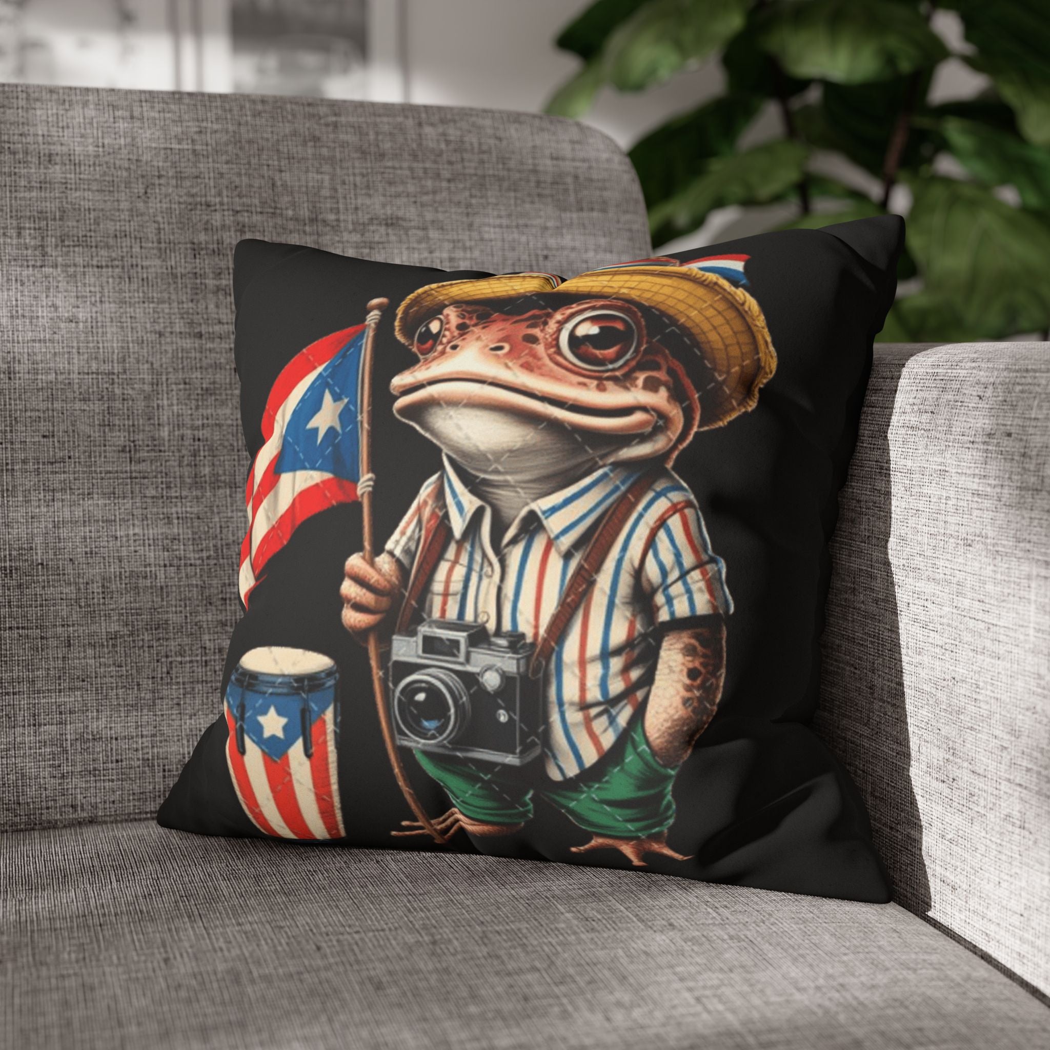 Puerto Rican Flag Frog Faux Suede Pillowcase  Tourist Toad Camera Design Puerto Rico Culture Pillow