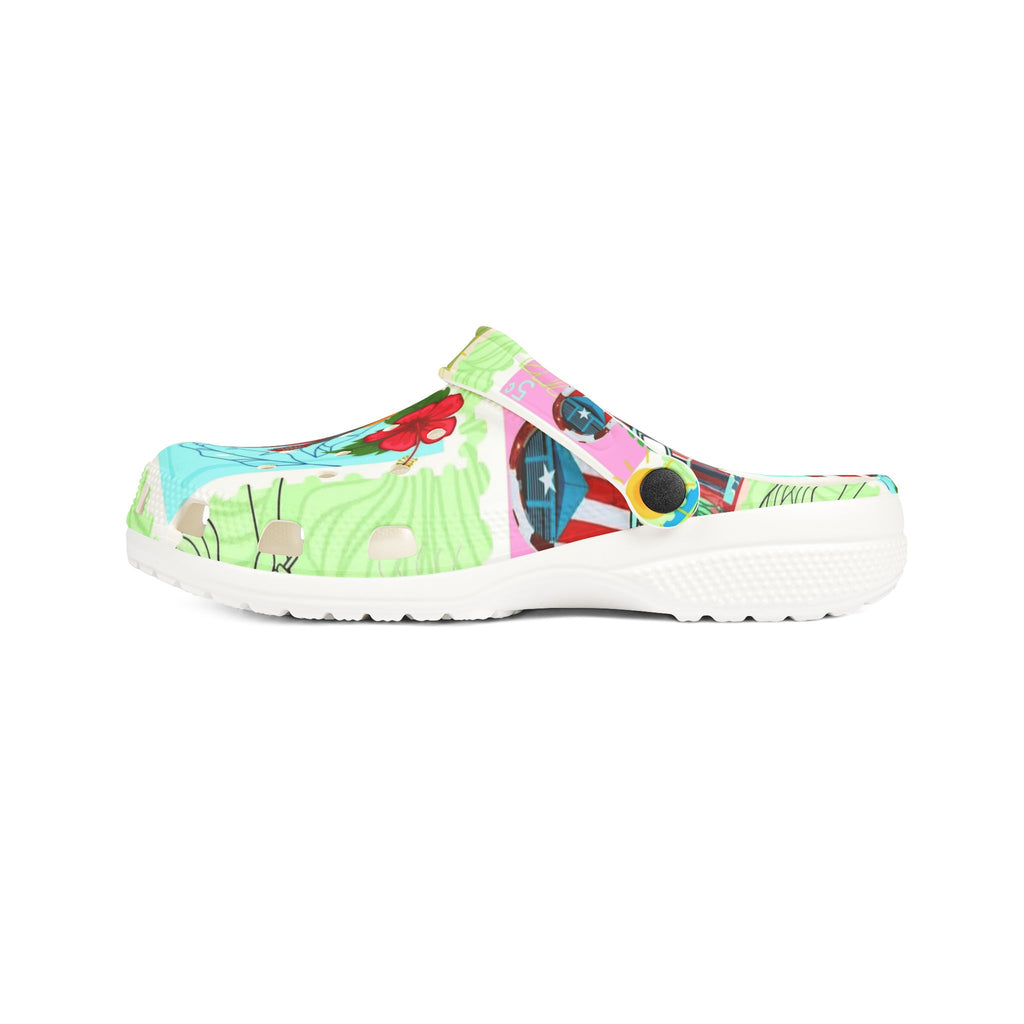 Puerto Rico Tropical Map EVA Foam Clogs — 'Puerto Rico Proud' Colorful Island Print