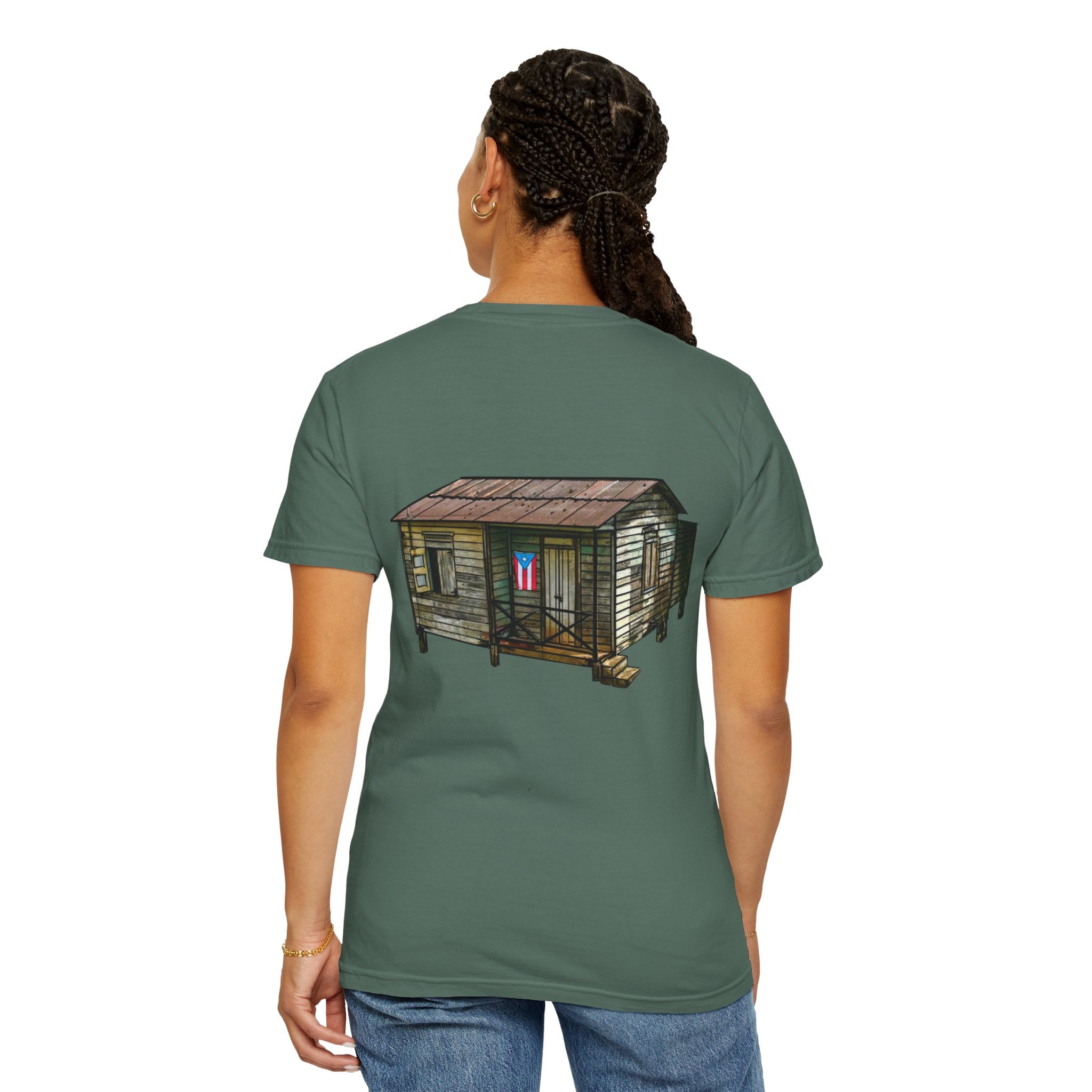 Puerto Rican Batey Cabin T-Shirt  Three Masks & Rustic House Graphic Tee Puerto Rico Navidades