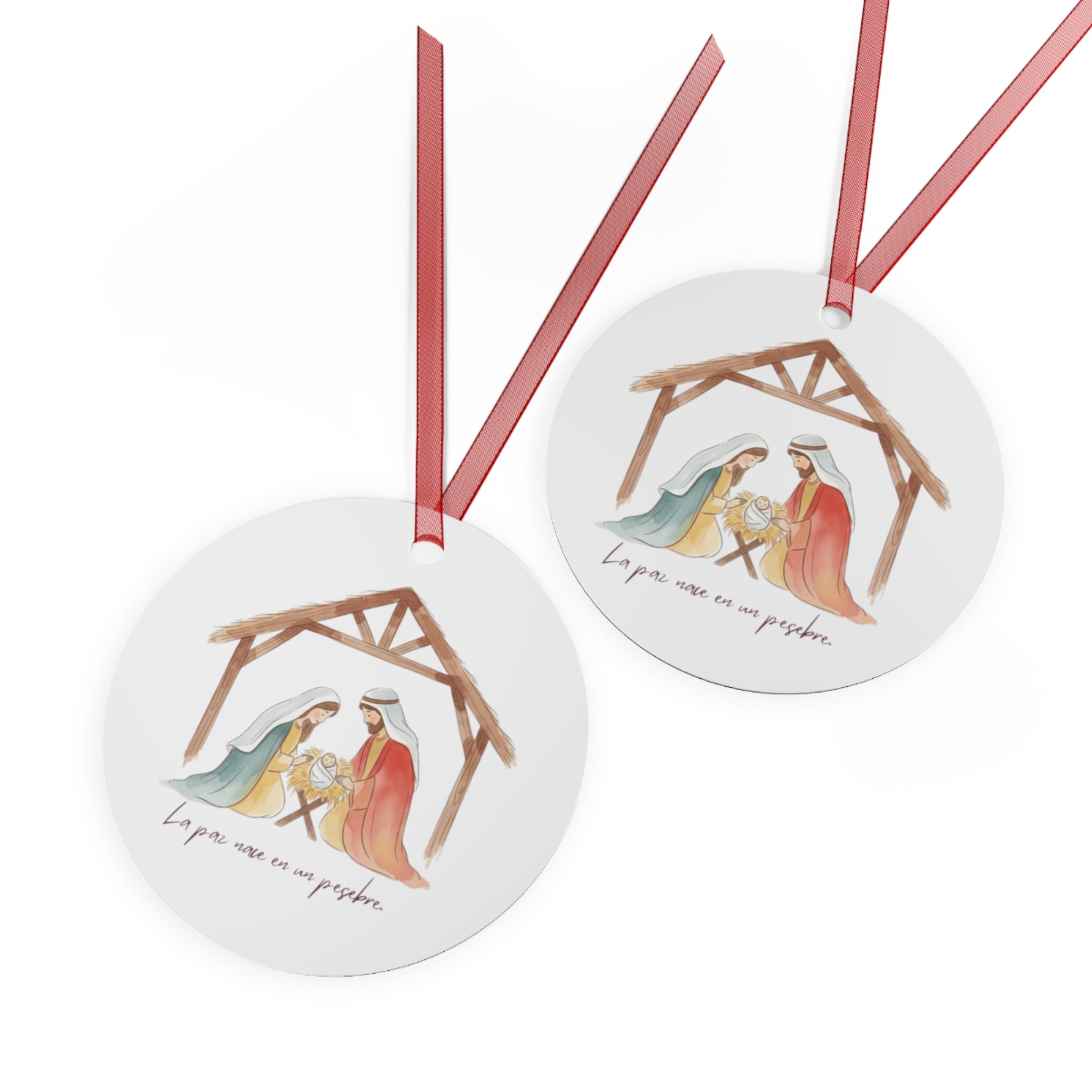 Nativity Metal Ornament — "La paz nace en un pesebre" Christmas Decoration
