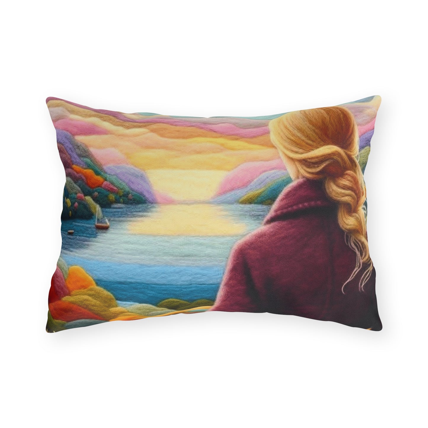 Scenic Lakeview Outdoor Pillow — Woman Overlooking Colorful Sunset Landscape