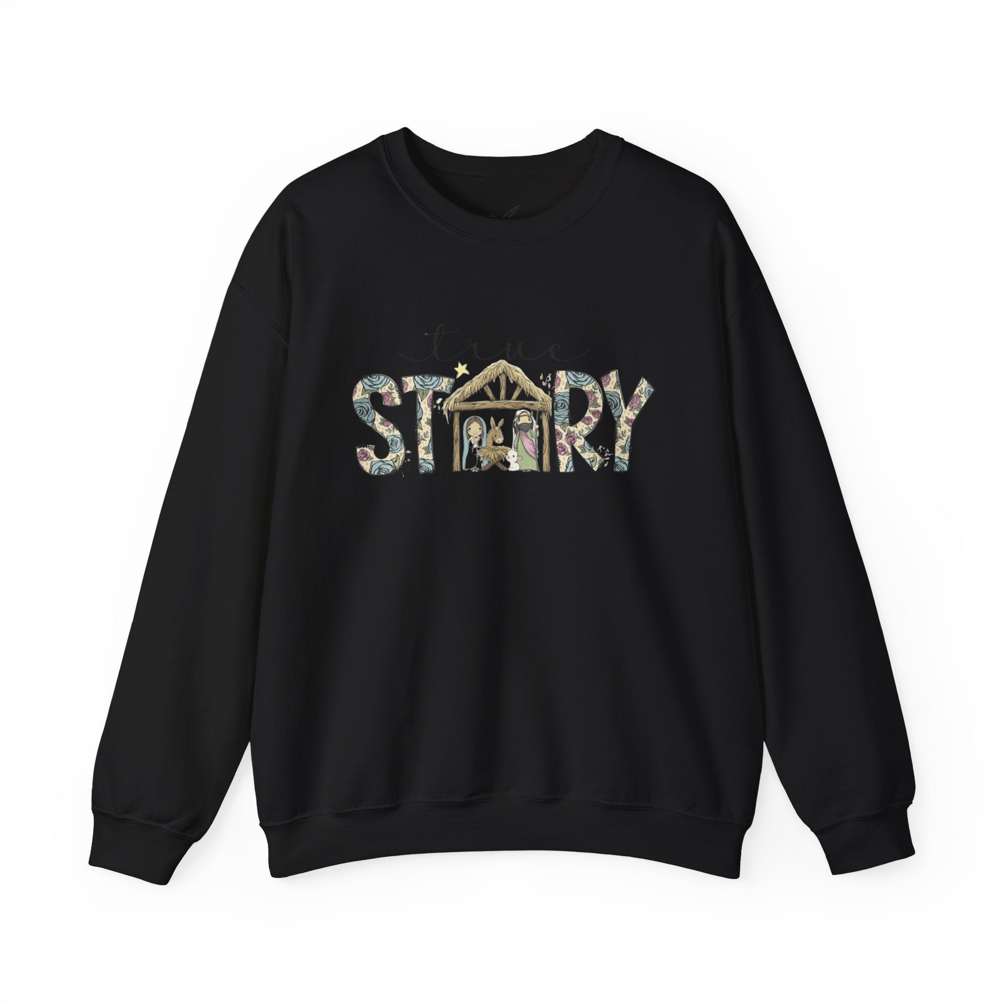 Crewneck Sweatshirt "Come Story" Floral Nativity Design  Cozy Christmas Pullover unique festive designs and joyful
