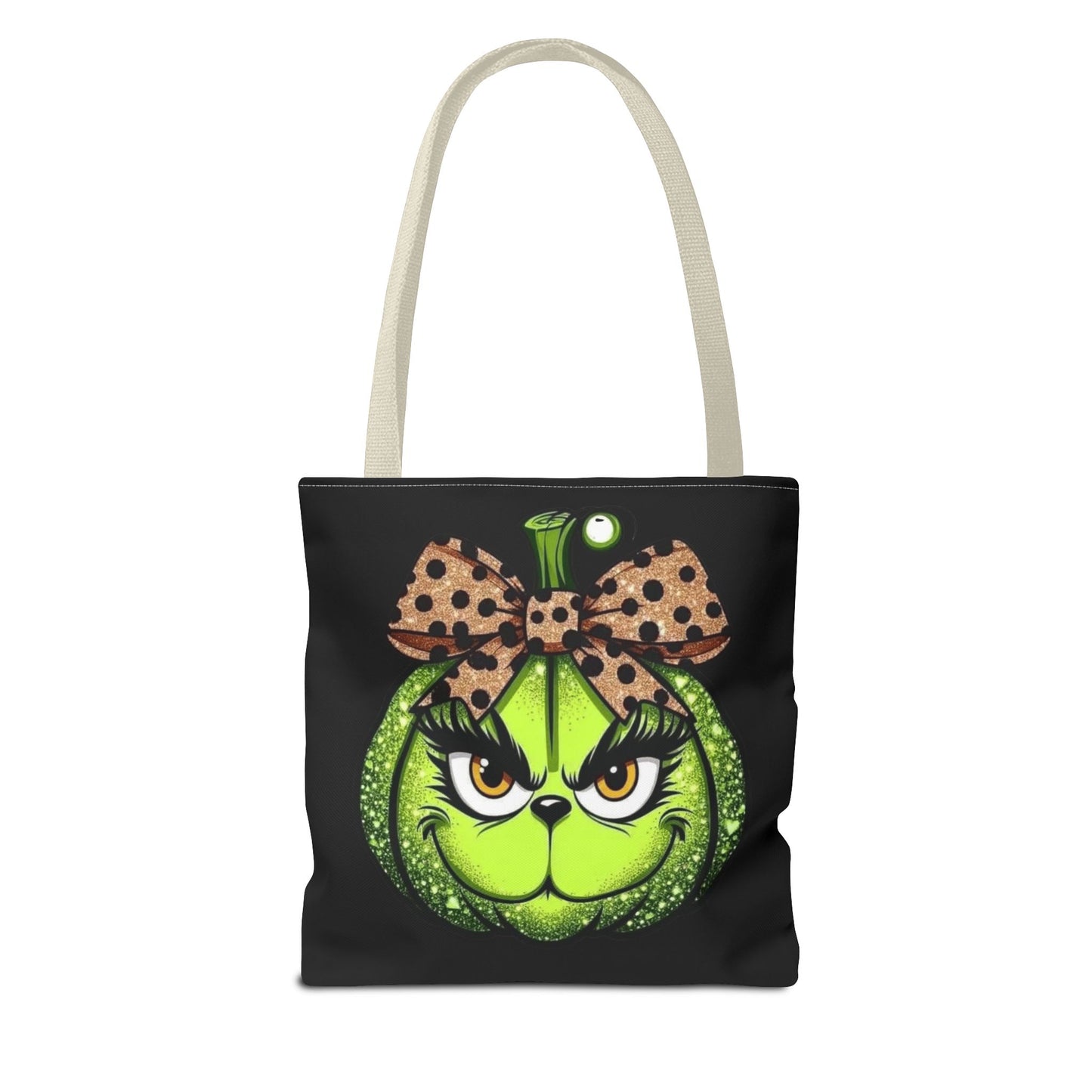 Grinch-Inspired Tote Bag with Polka Dot Bow Christmas Tote Bag Festive Holiday Design