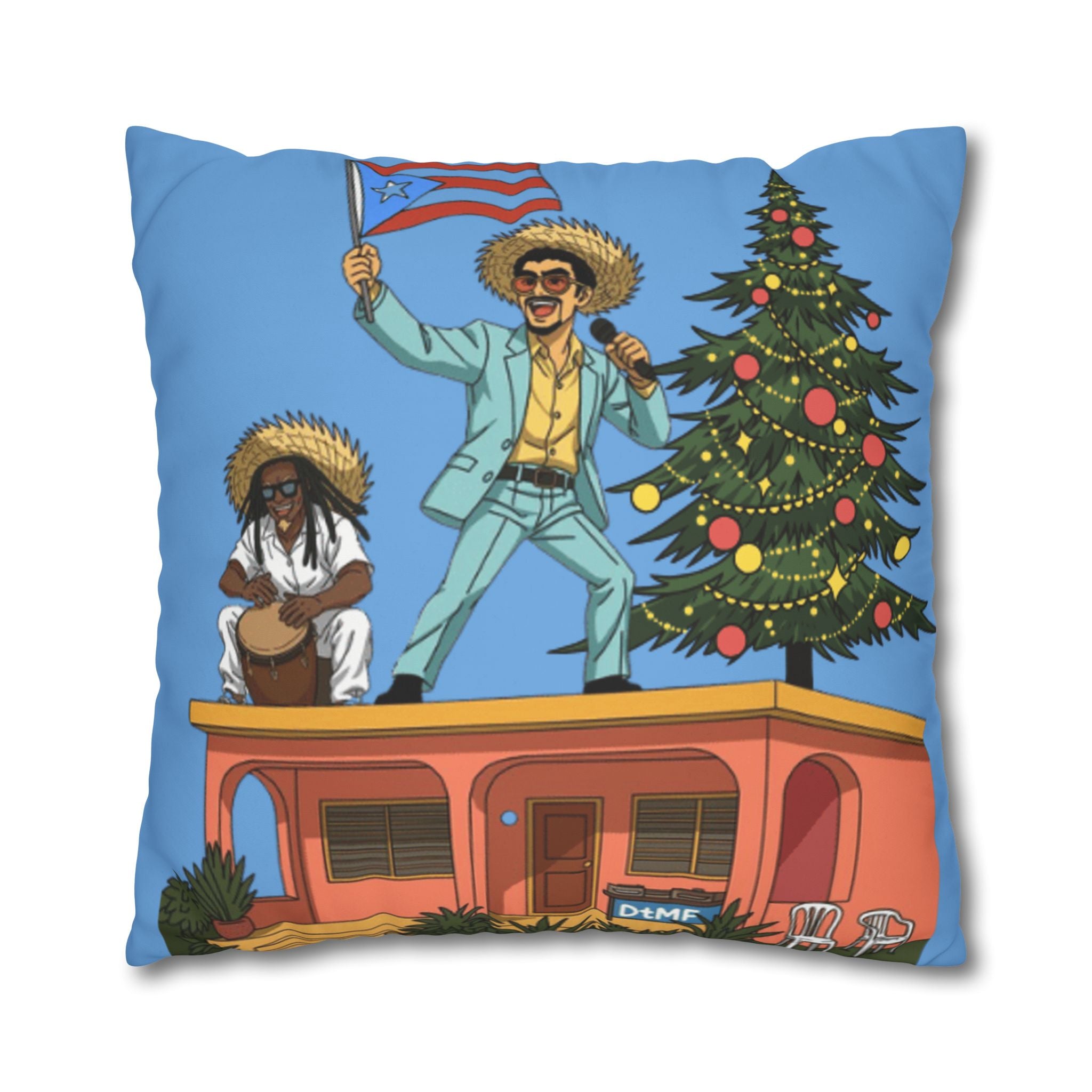 Holiday Vibes Pillow — Festive Duo Singing on Rooftop Christmas Throw Pillow Puerto Rico Culture Pillow