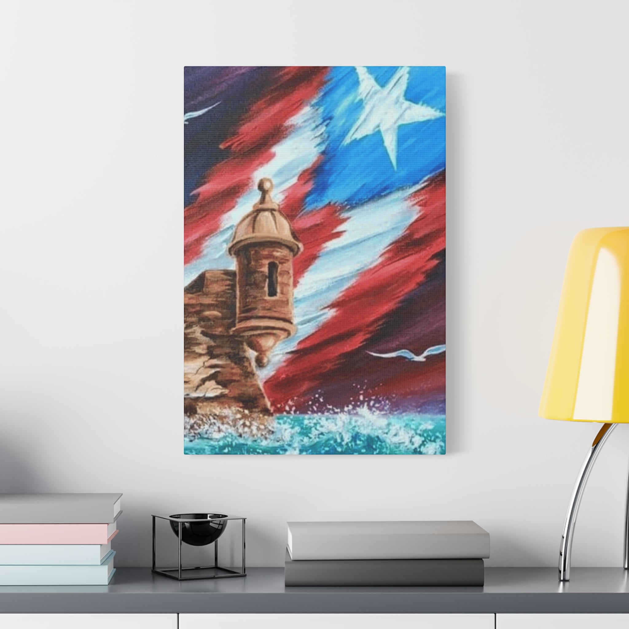 Patriotic Castillo Canvas Wall Art – Puerto Rico Flag Coastal Fortress Print
