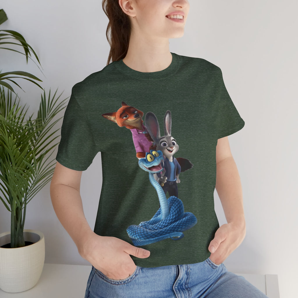 Animated Character Tee — Cute Fox & Bunny Stack Graphic T-Shirt  cartoon-style Christmas artwork