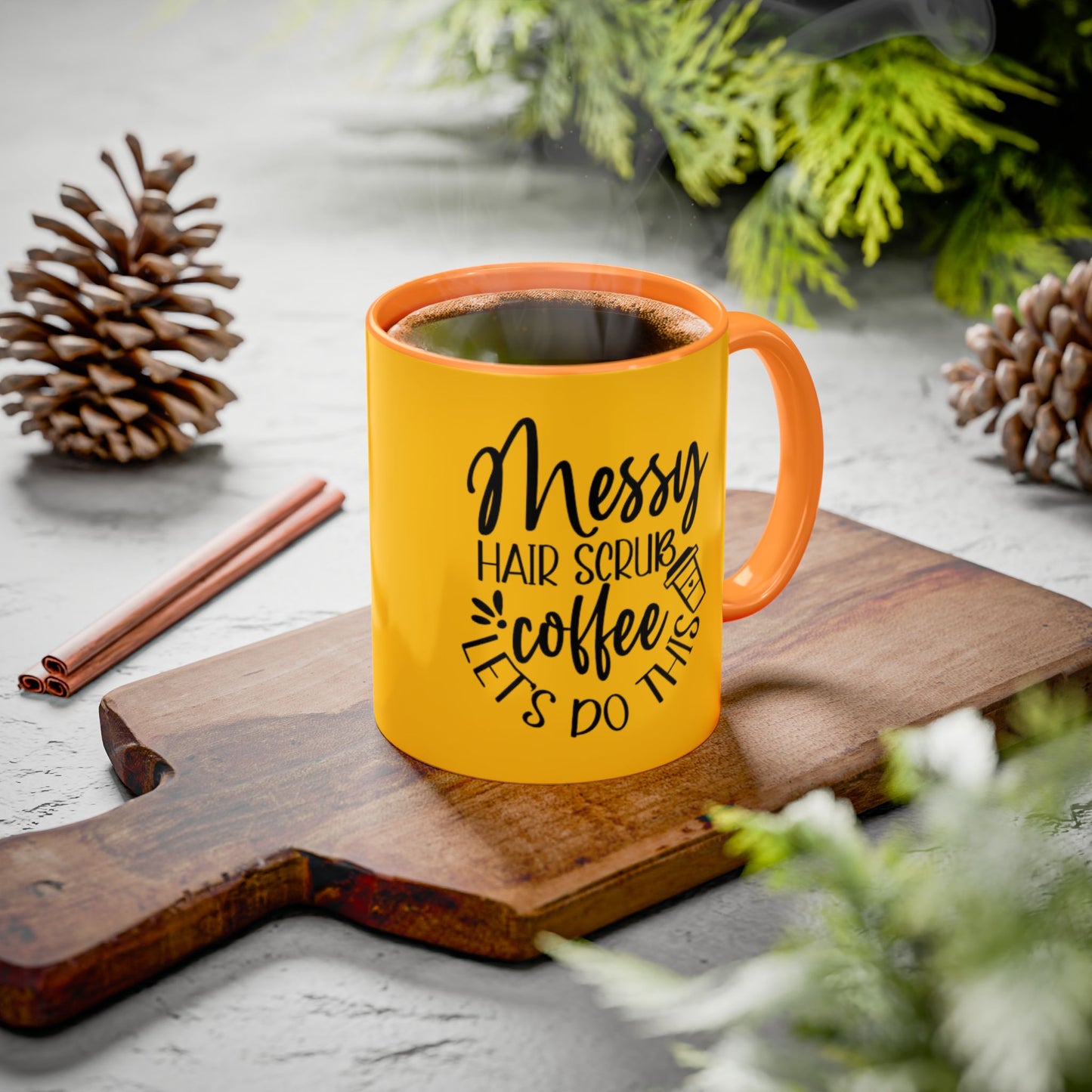 Holiday Coffee Cups with Festive Quotes & Designs Messy Hair Coffee Mug - Fun Yellow Ceramic Cup for Coffee Lovers