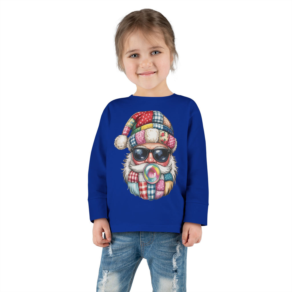 Toddler Long Sleeve Tee  Cool Santa with Patchwork Hat & Bubblegum Graphic