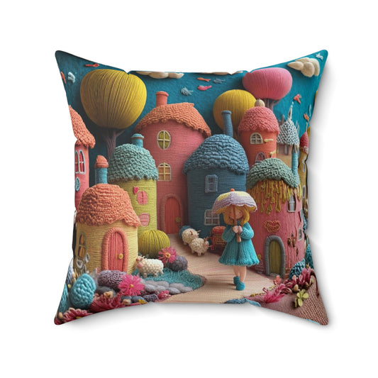 Whimsical Candy Village Throw Pillow — Colorful Knitted Cottage Decorative Cushion