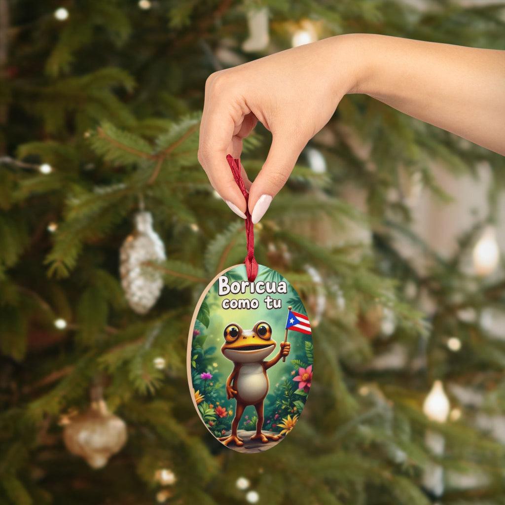Boricua Como Tú Wooden Ornament – Puerto Rican Flag Frog Holiday Decor