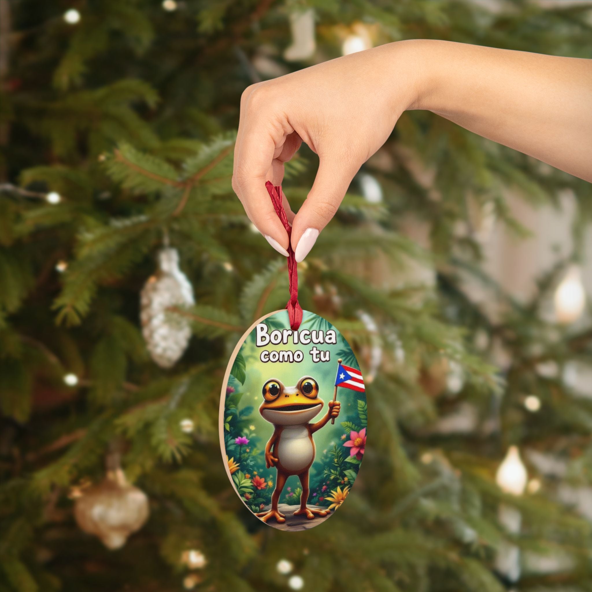 Boricua Como Tú Wooden Ornament – Puerto Rican Flag Frog Holiday Decor