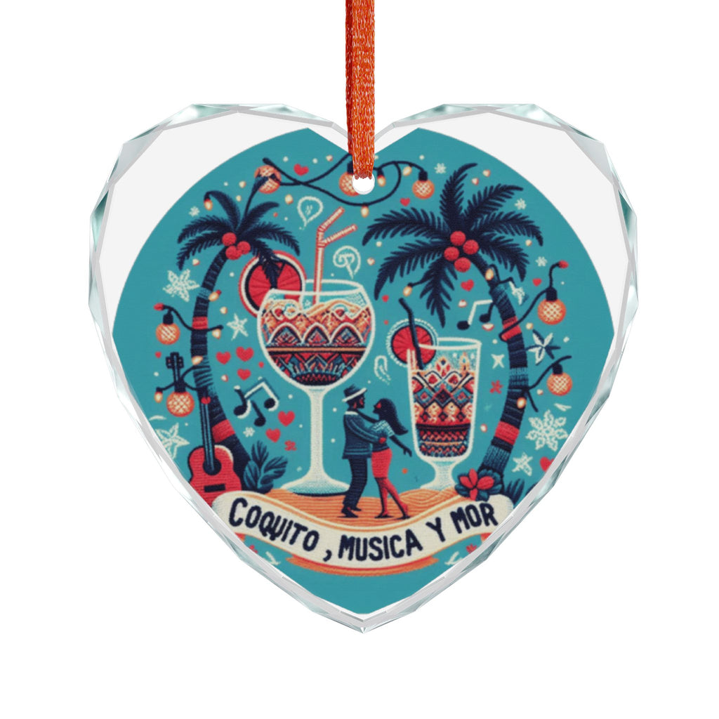 Puerto Rico Glass Ornaments Crystal Ornament "Coquito, Musica y Amor" Holiday Heart Decoration