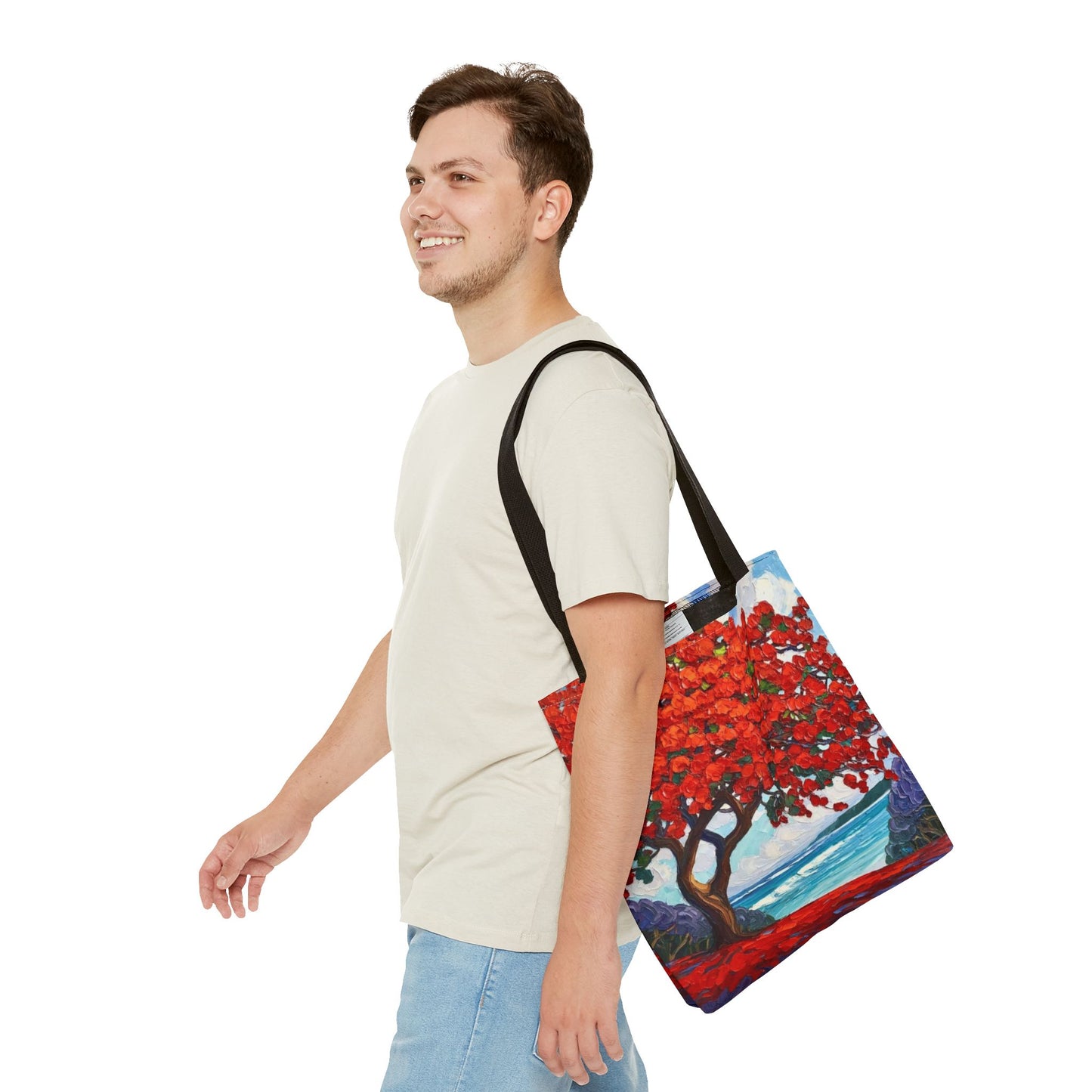 Red Blossom Beach Tote - Tropical Tree Art All-Over Print Tote Bag Crochet-Decorated Tote Bags