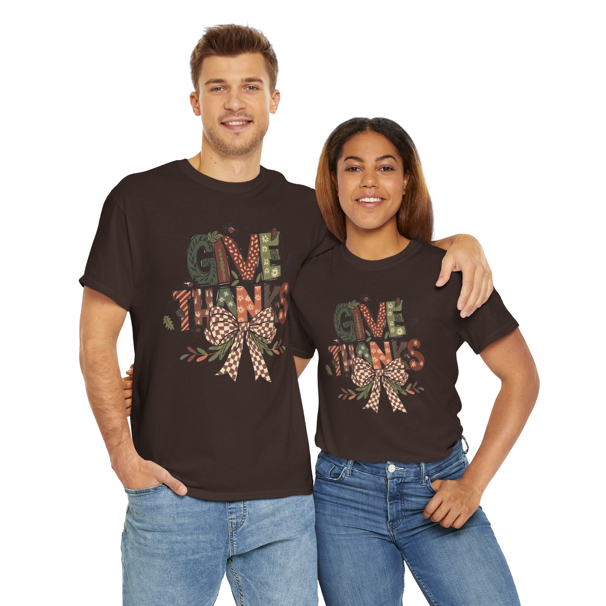 Give Thanks Tee Thanksgiving Graphic T-Shirt with Rustic Bow Design