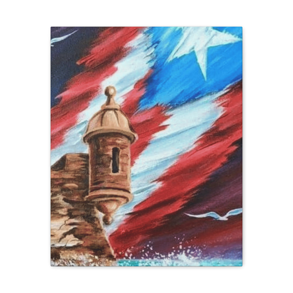 Patriotic Castillo Canvas Wall Art – Puerto Rico Flag Coastal Fortress Print