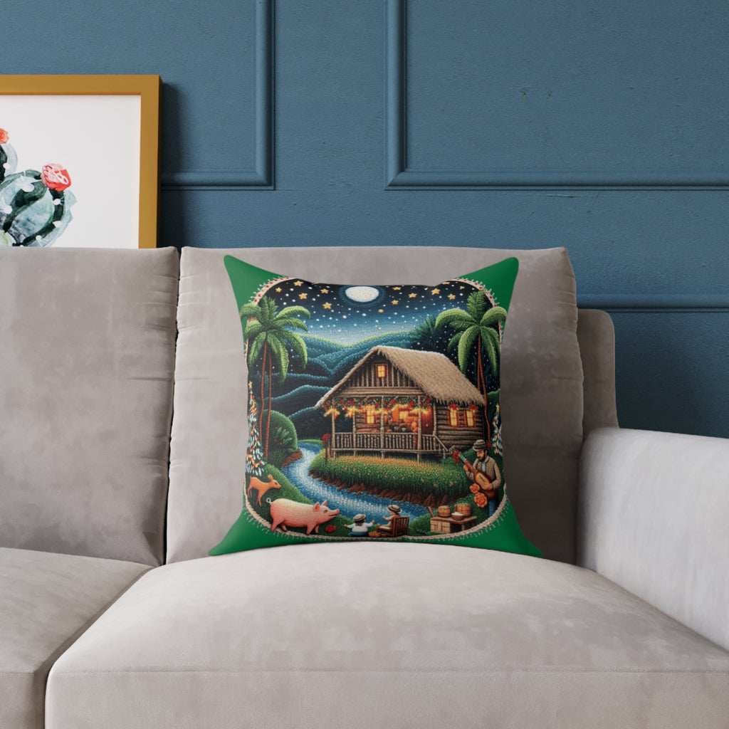Island Night Cottage Pillow  Tropical Moonlit Cabin Throw Pillow Puerto Rico Culture Pillow
