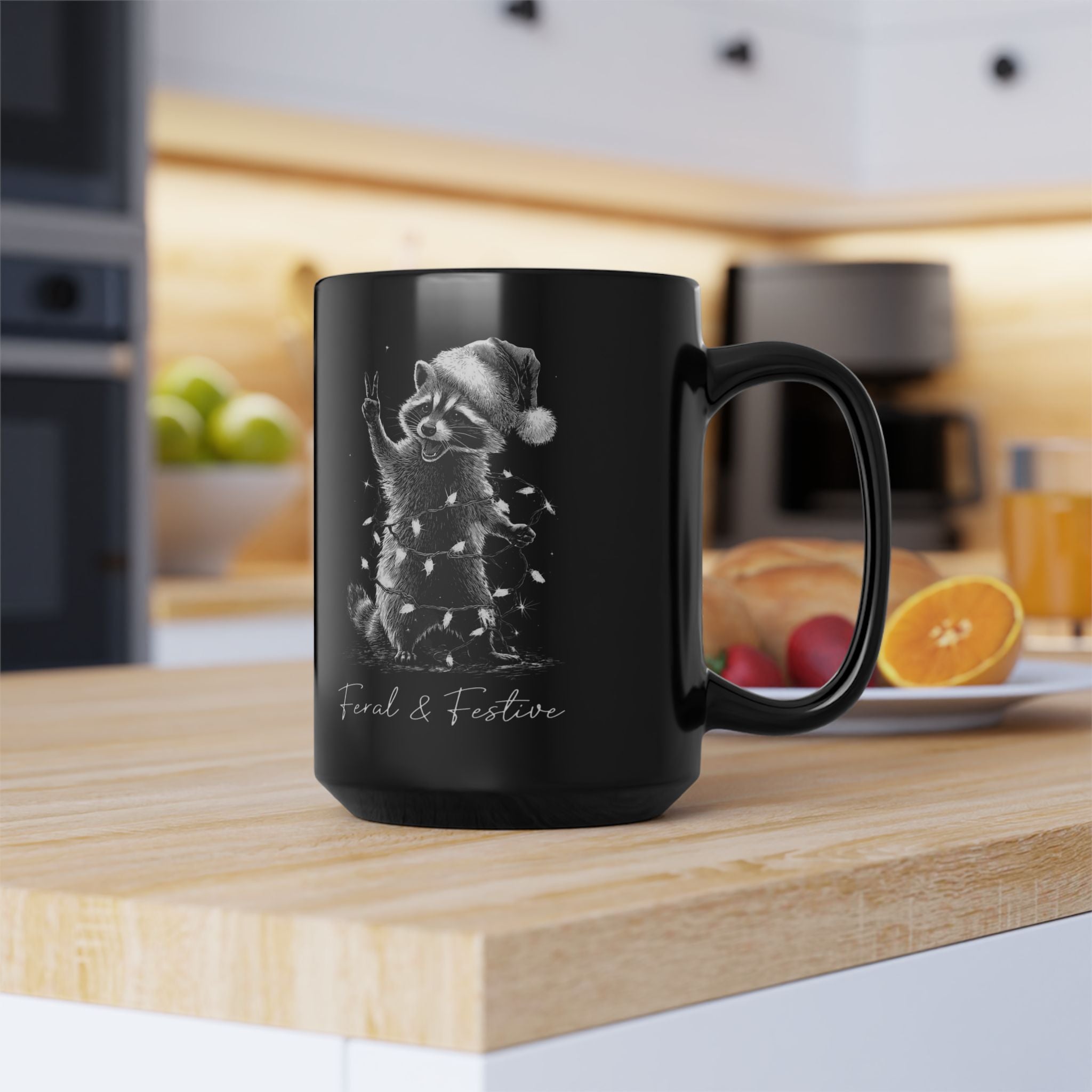 Feral & Festive Raccoon Black Mug — 15oz Holiday Coffee Cup