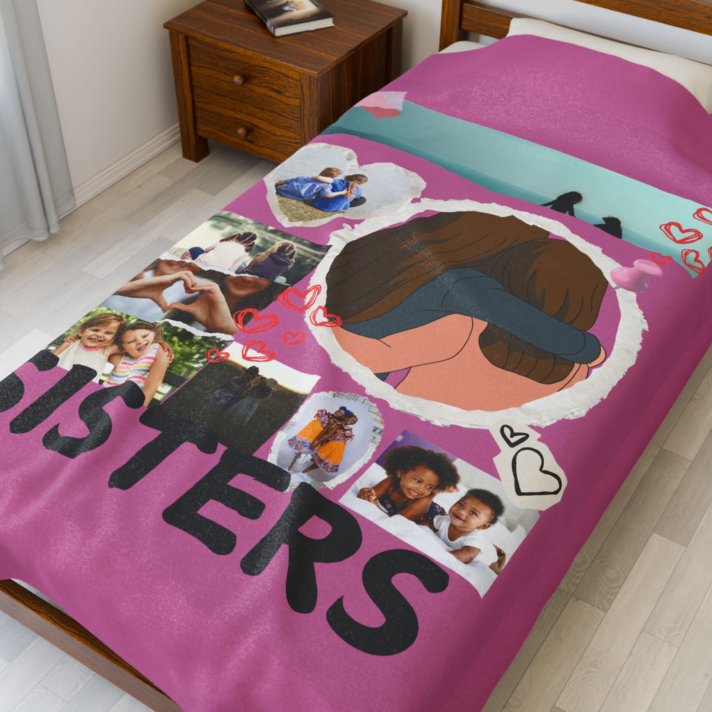 Sisters Velveteen Plush Blanket "Sisters" Photo Collage Keepsake Blanket Gift for Sister