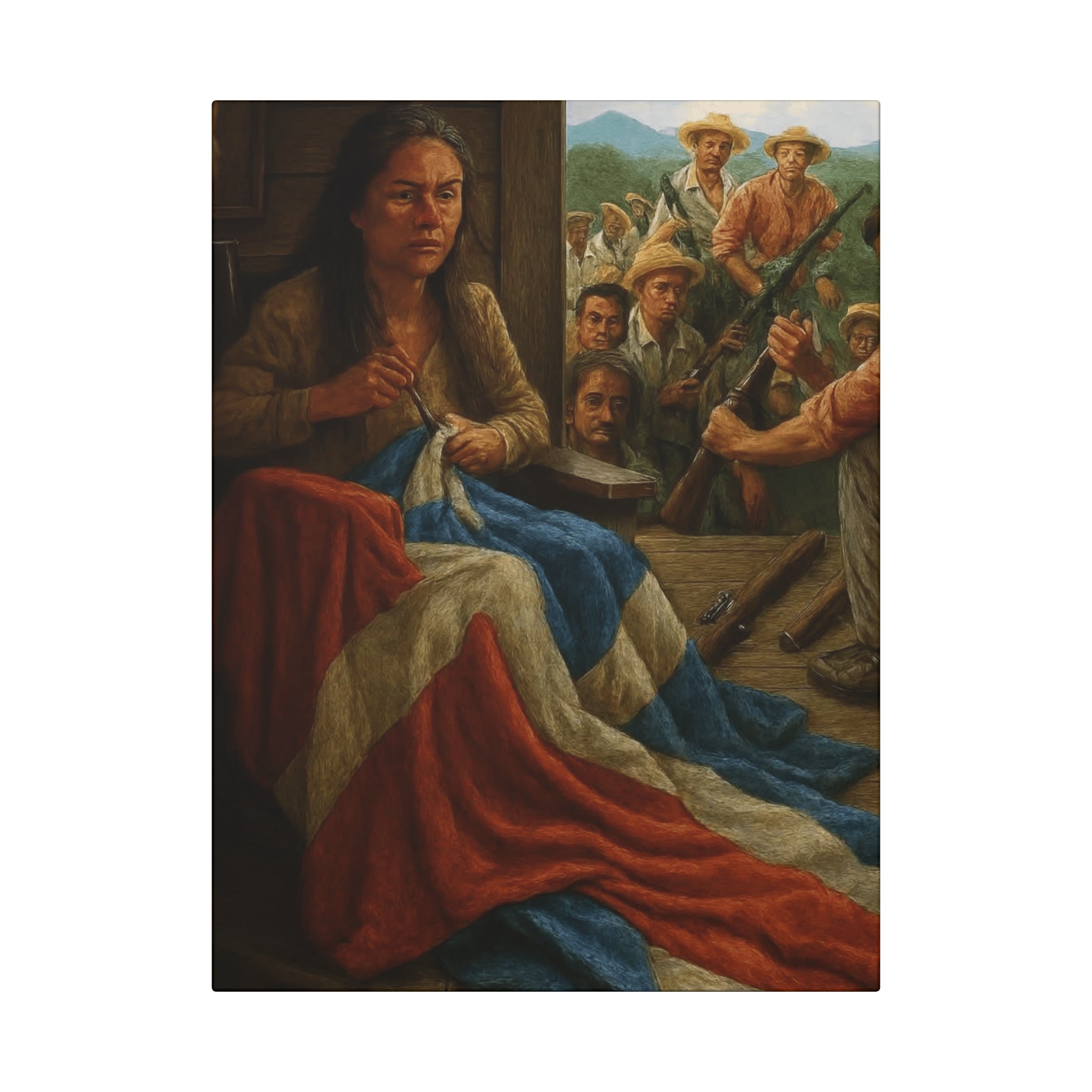 Cultural & Story-Driven  Story of Puerto Rico Woman Sewing Flag with Resolute Crowd (Historical Patriotic Wall Art)