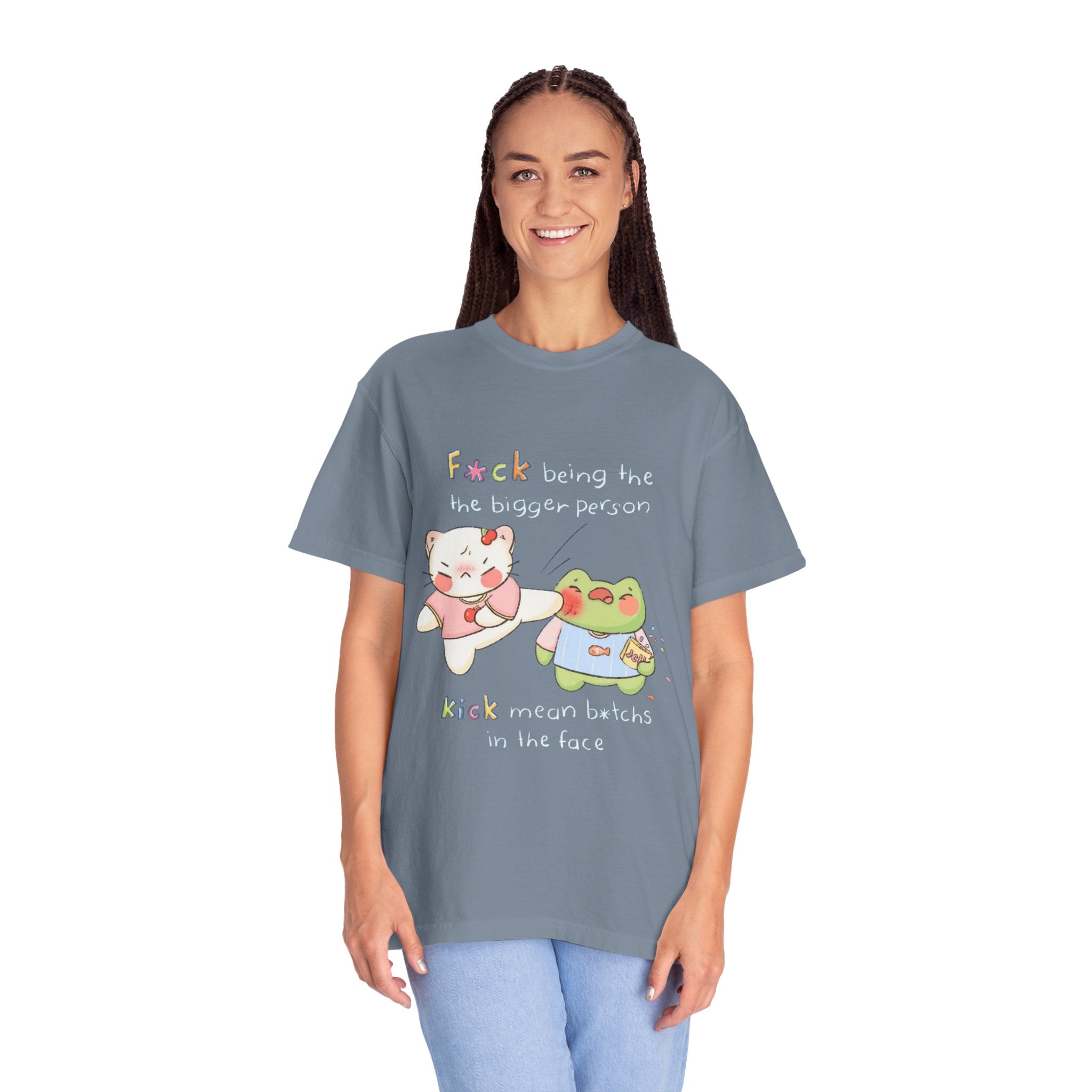 Graphic T-Shirt  Cute Kicking Cat & Frog with 'F*ck Being The Bigger Person' Slogan