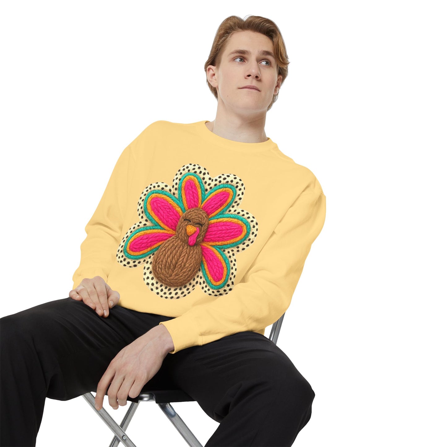 Festive Holiday Designs Turkey Patch Sweatshirt — Colorful Embroidered Thanksgiving Pullover