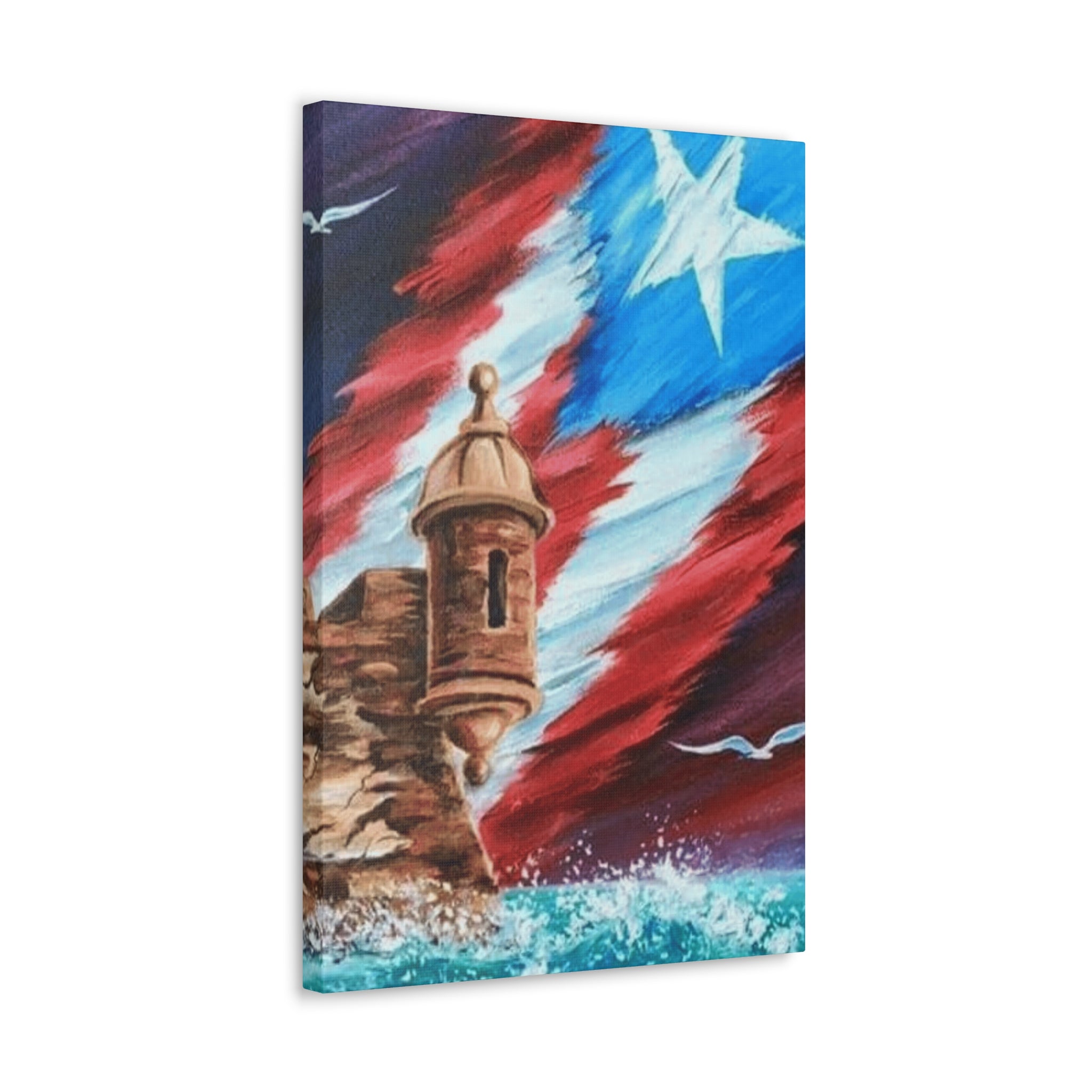 Patriotic Castillo Canvas Wall Art – Puerto Rico Flag Coastal Fortress Print