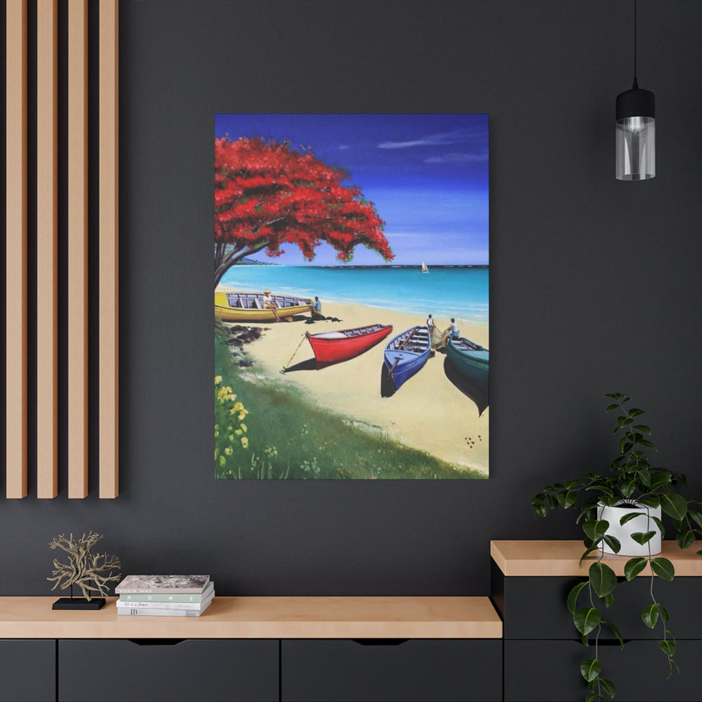 Beach Canoes Canvas Wall Art Tropical Seaside Landscape Matte Stretched Canvas