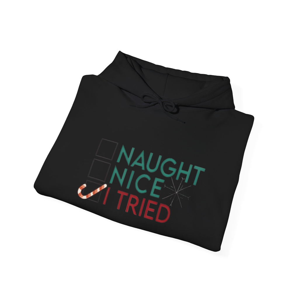 Holiday Hoodie — "Naughty, Nice, I Tried" Funny Christmas Sweatshirt