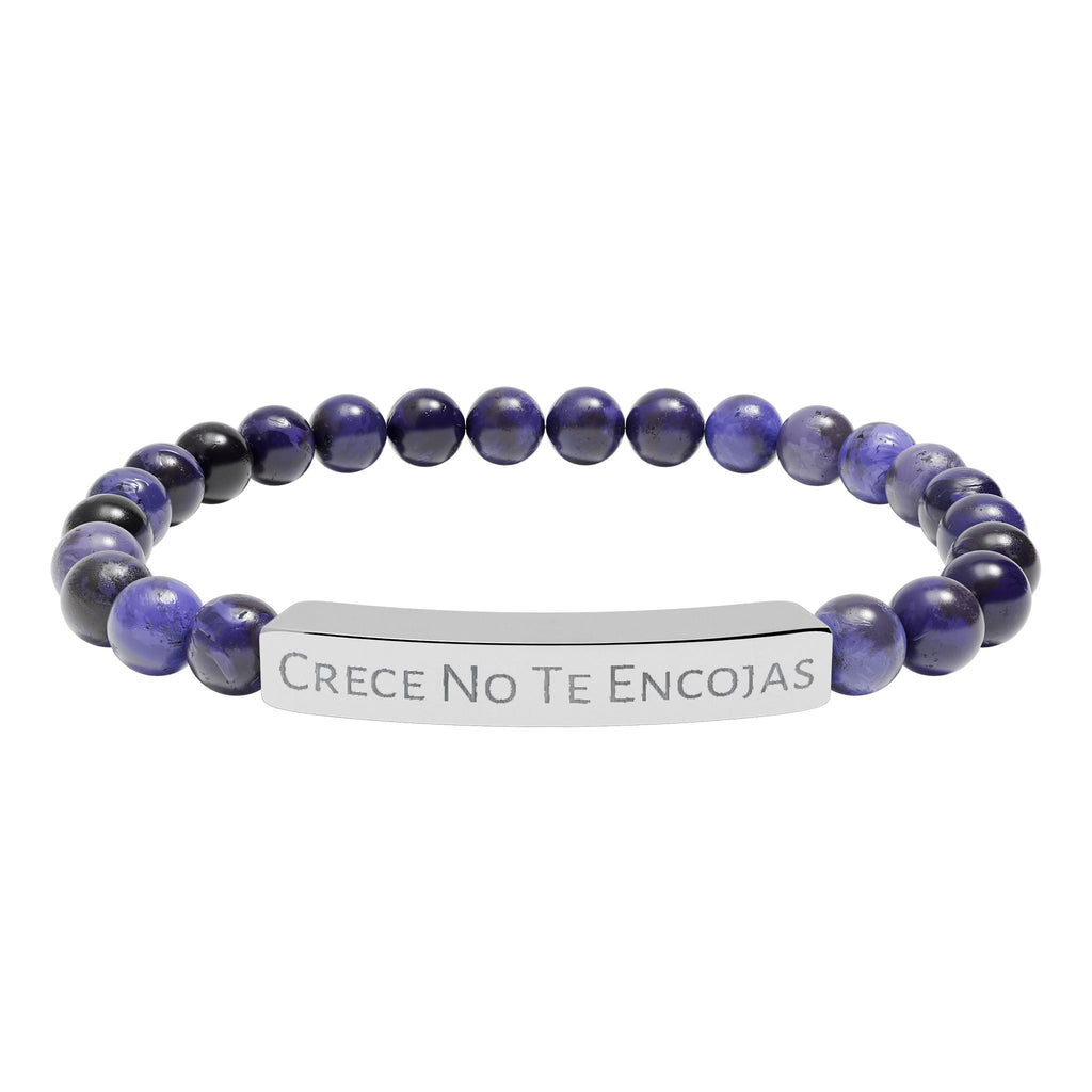Engraved Natural Stone Stretch Bracelet — "Crece No Te Rindas" Affirmation Bar