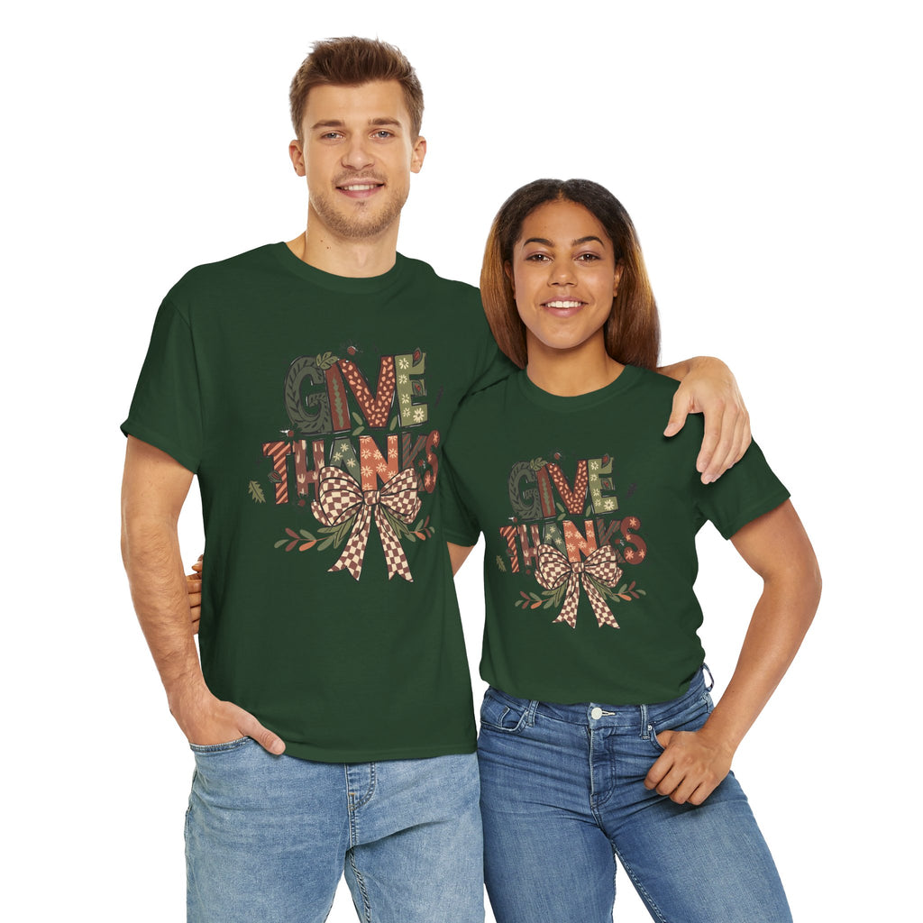Give Thanks Tee Thanksgiving Graphic T-Shirt with Rustic Bow Design