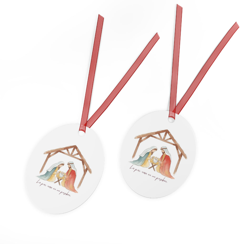 Nativity Metal Ornament — "La paz nace en un pesebre" Christmas Decoration