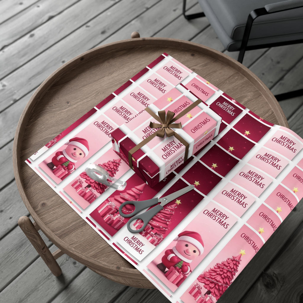 Christmas Gift Wrap Paper - Pink Merry Christmas Star & Tree Holiday Wrapping Sheets