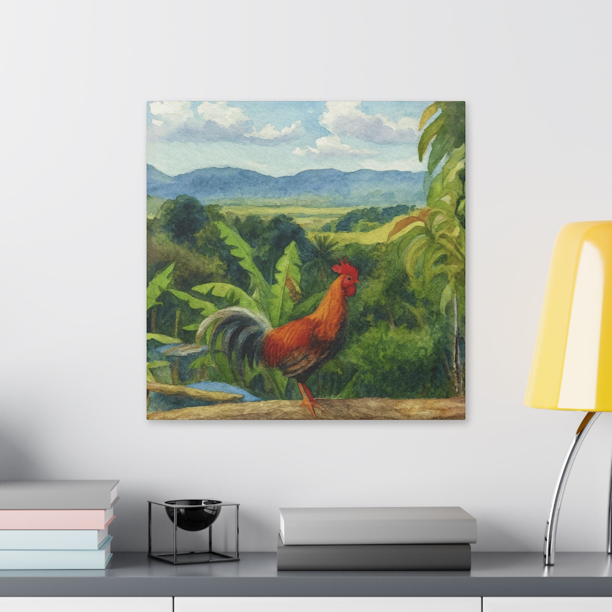 These Puerto Rico inspired Rooster Morning Landscape Canvas