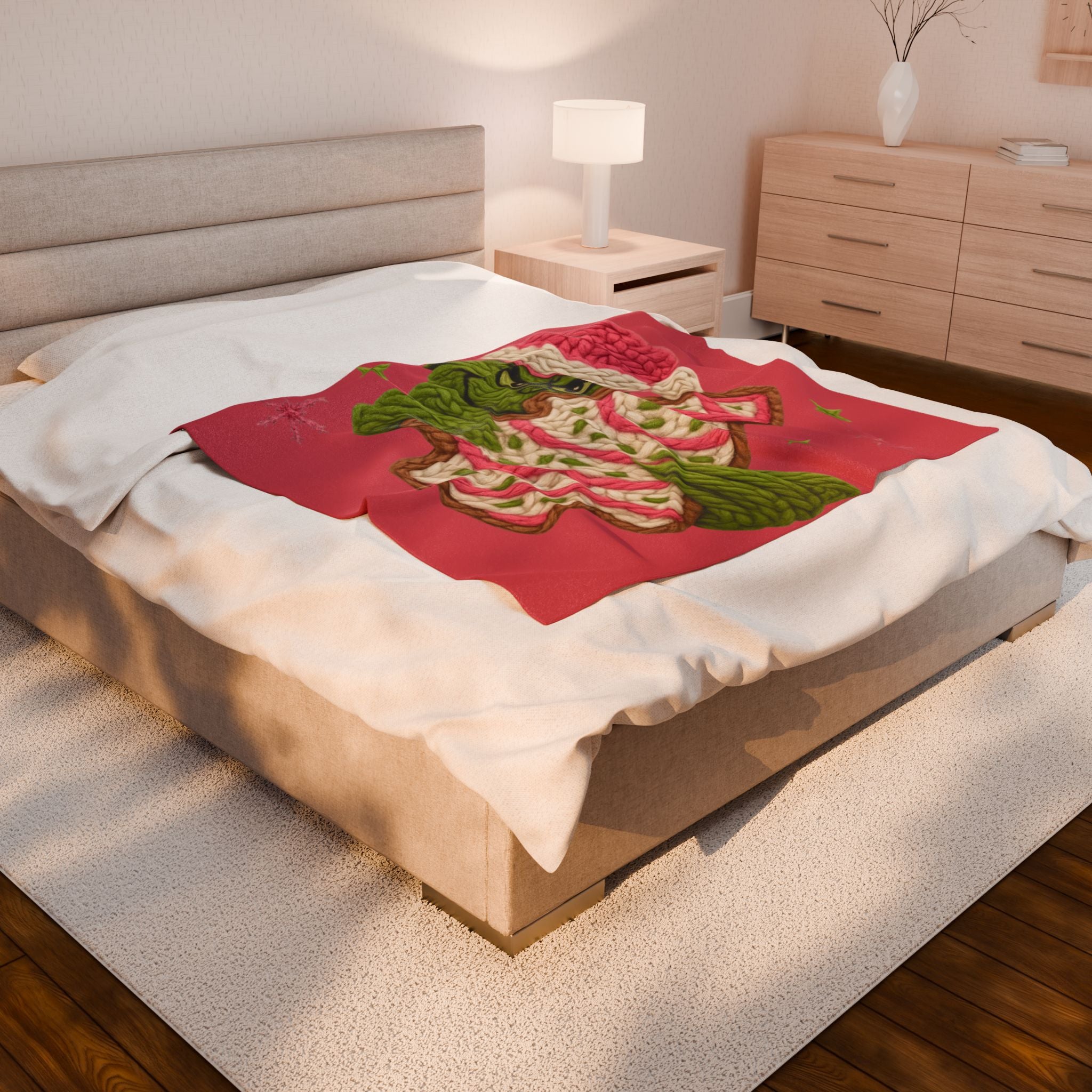 Grinch Holiday Plush Blanket – Cozy Velveteen Christmas Throw with Knitted Tree Design