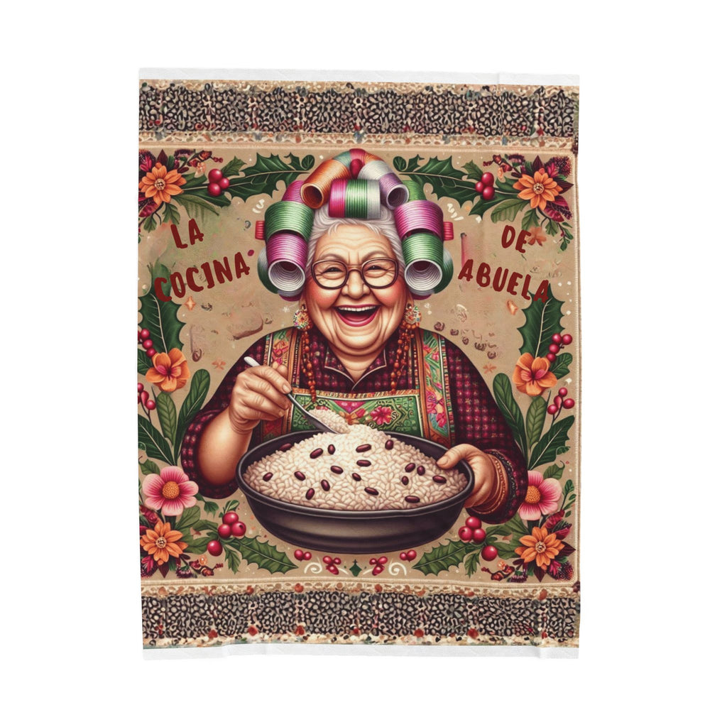 Grandma’s Cocina Velveteen Plush Blanket —Abuela Cooking Illustration Throw