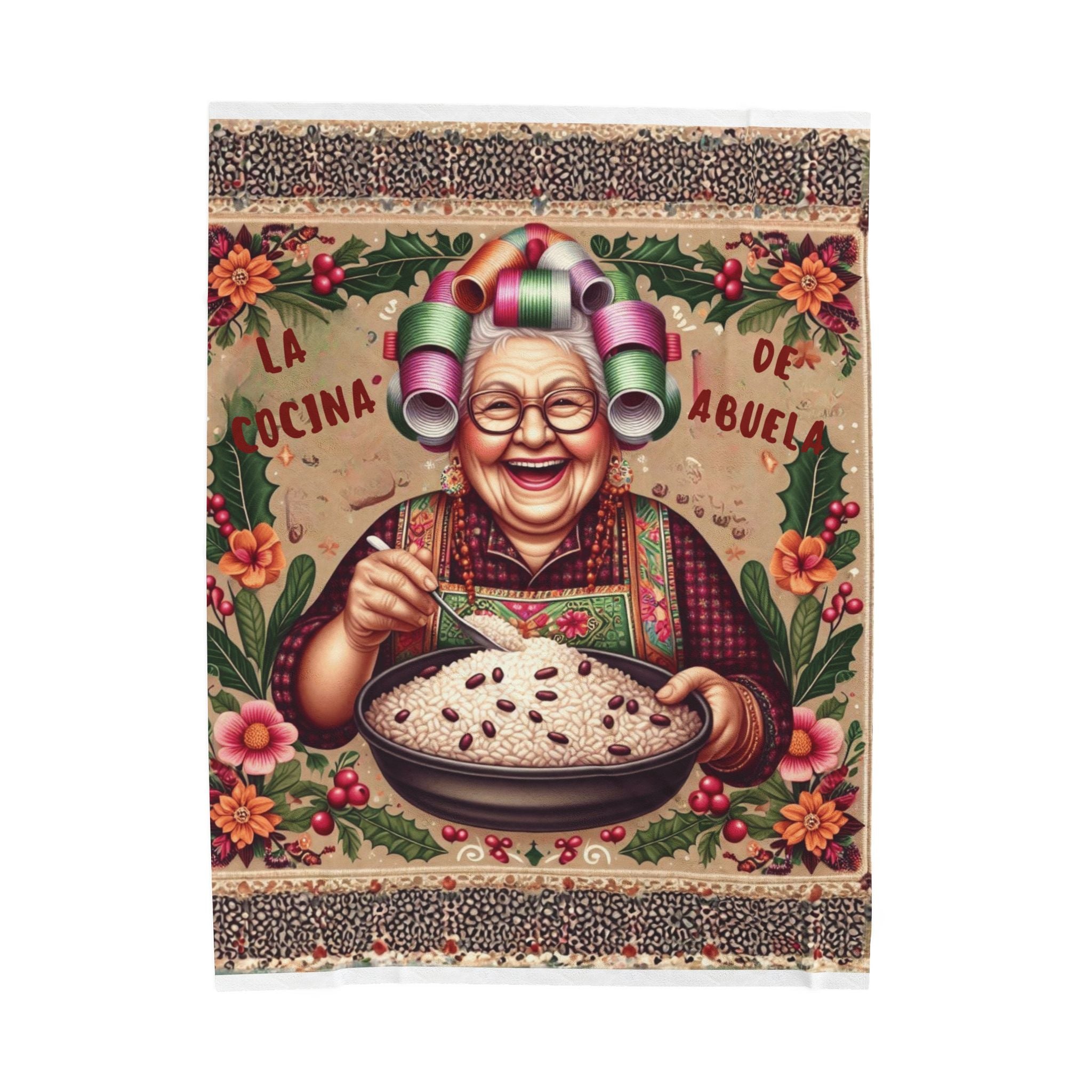 Grandma’s Cocina Velveteen Plush Blanket —Abuela Cooking Illustration Throw