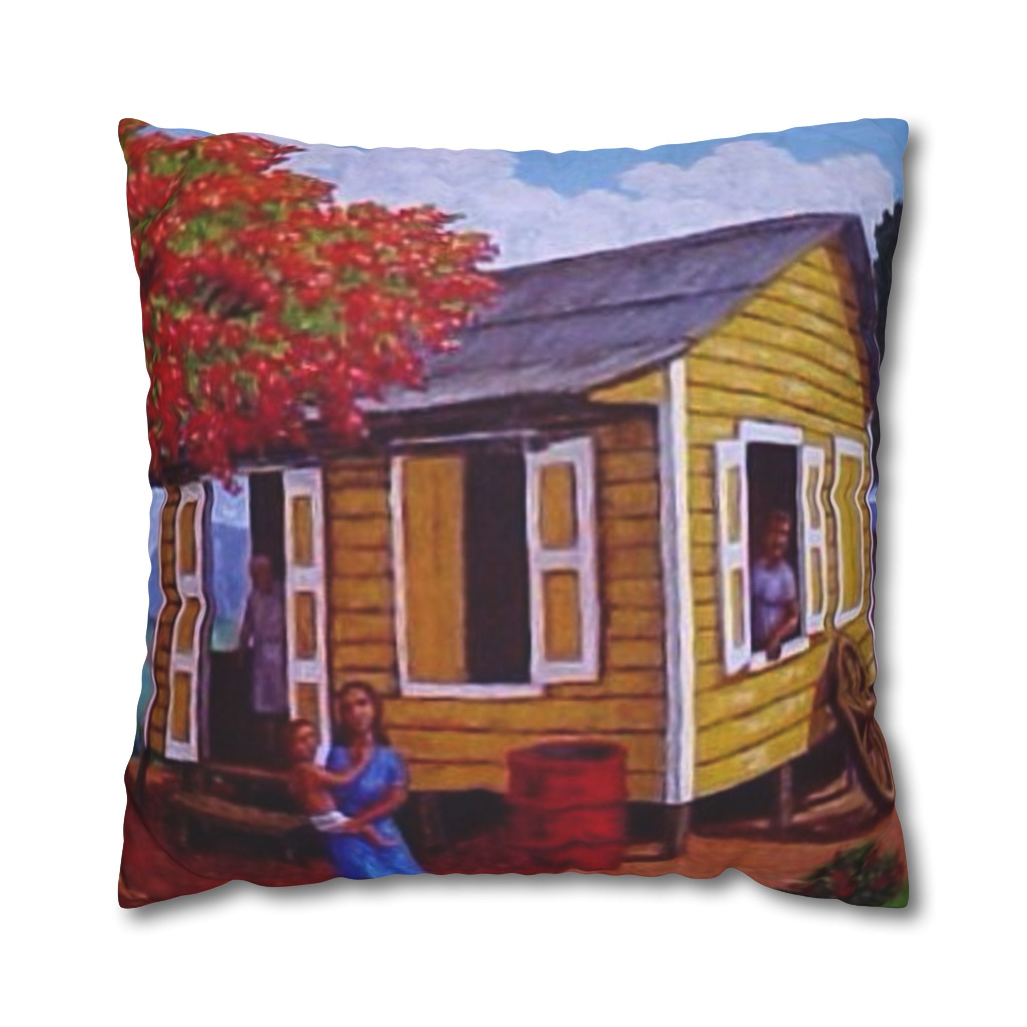 Puerto Rico Culture Pillow Cozy Cottage Canvas Pillow  Yellow House Decorative Throw Pillowcase