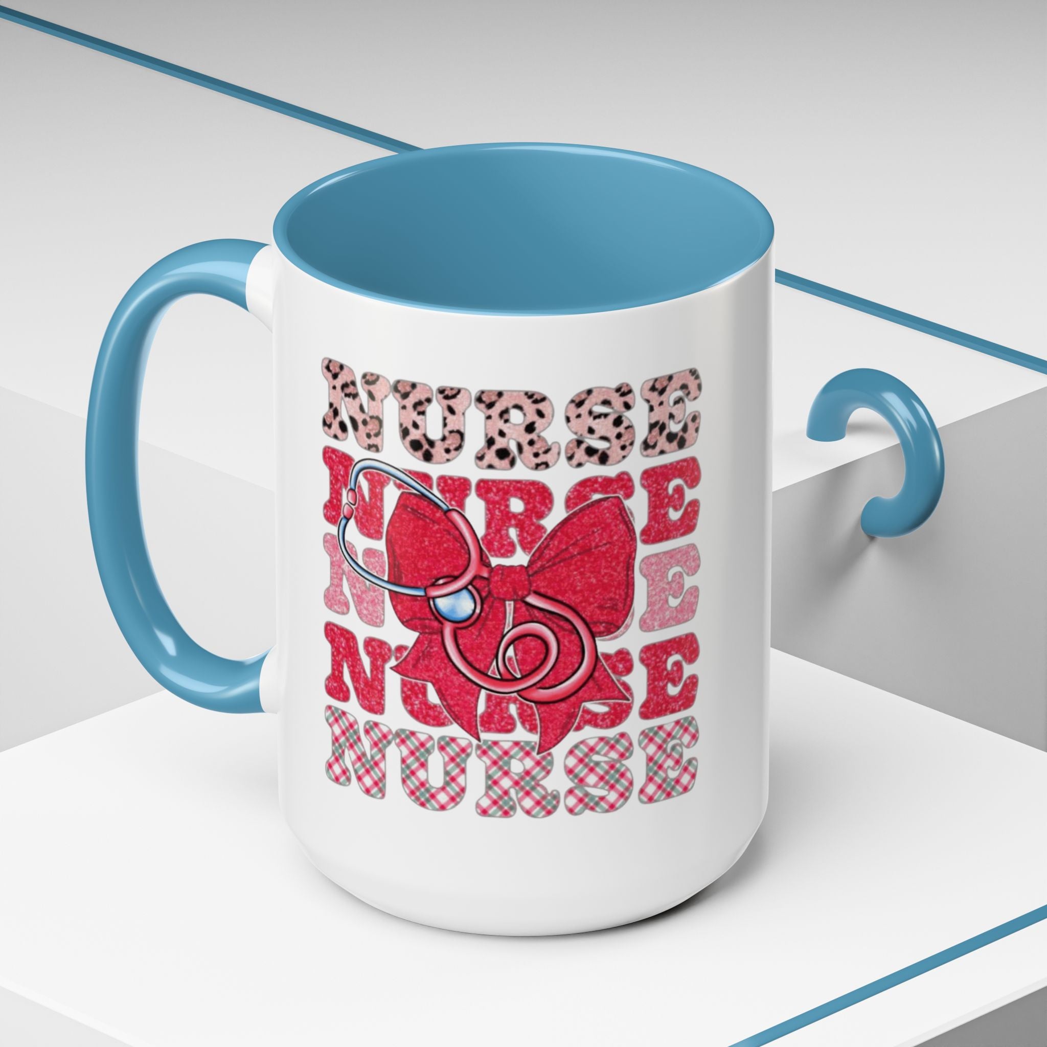Nurse Stethoscope Bow Accent Coffee Mug — Cute Leopard & Plaid Healthcare Gift (11/15oz) Medical Christmas Mug