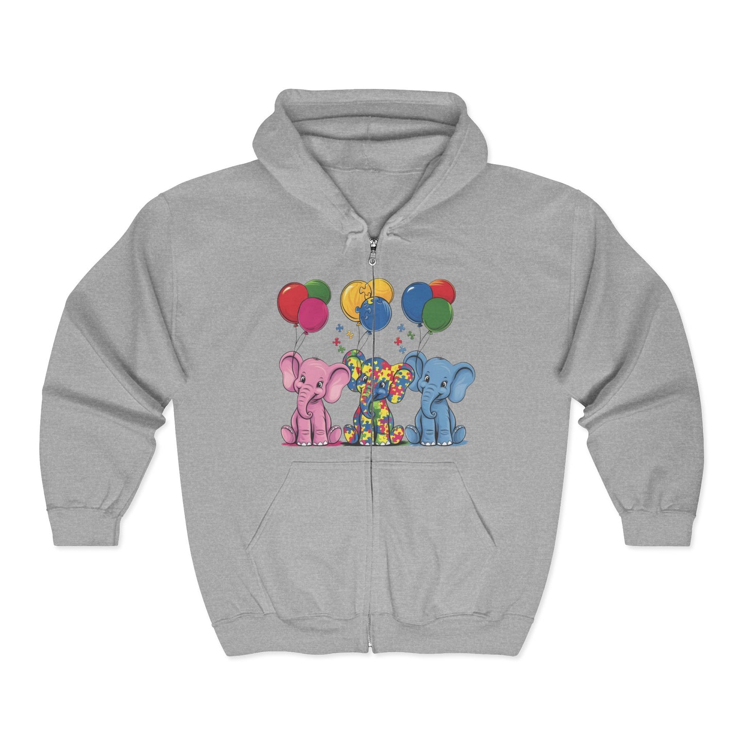 Elephant Balloon Party Hoodie - Fun Unisex Zip Sweatshirt Autism Awareness & Pride Collection.