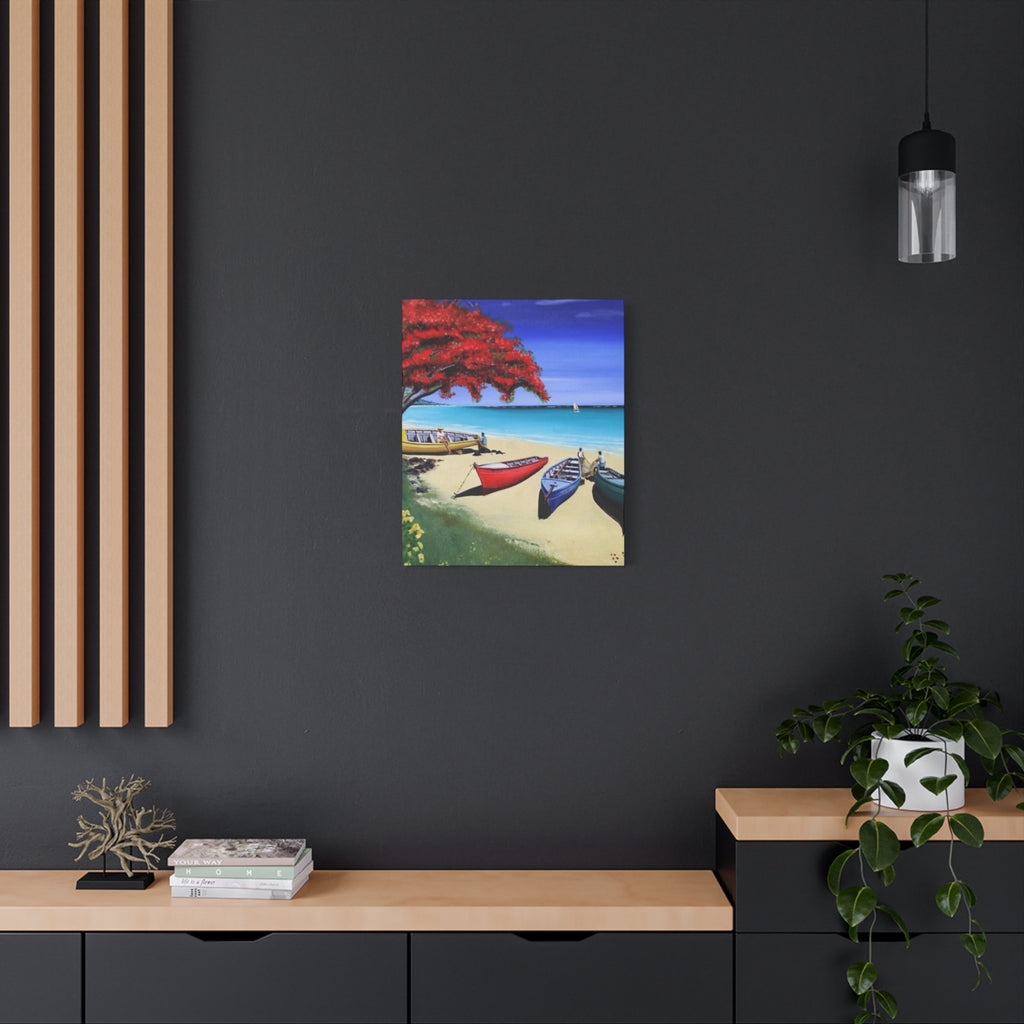 Beach Canoes Canvas Wall Art Tropical Seaside Landscape Matte Stretched Canvas