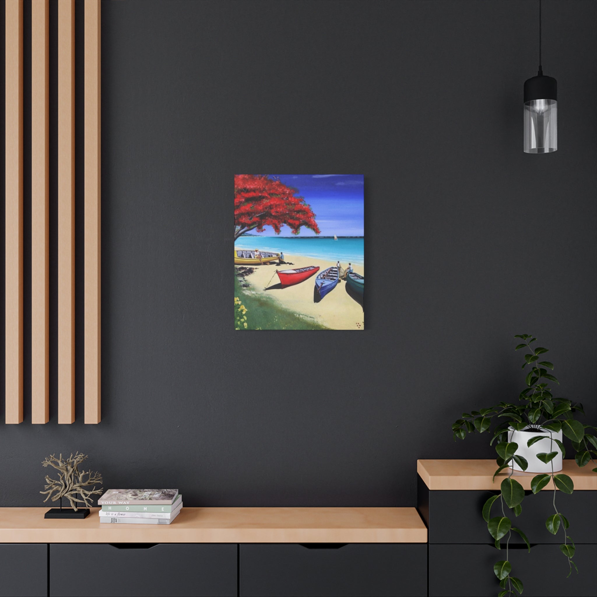 Beach Canoes Canvas Wall Art Tropical Seaside Landscape Matte Stretched Canvas