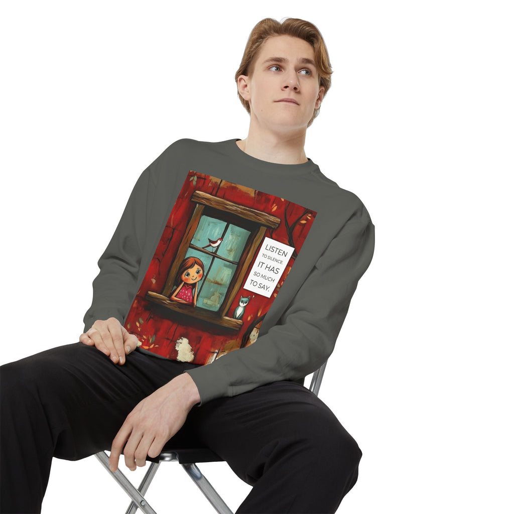 Cozy Window Scene Sweatshirt  "Listen, It Has So Much to Say" Graphic