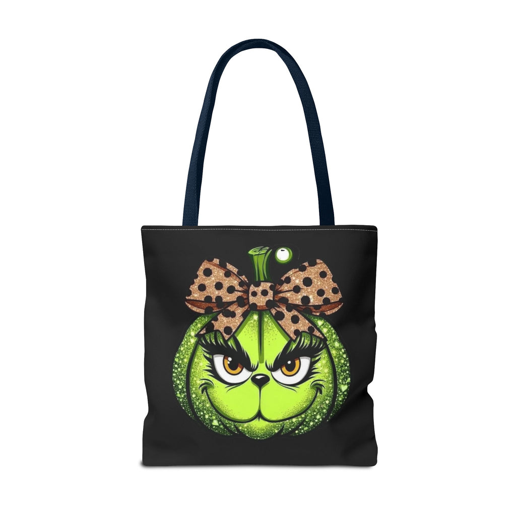 Grinch-Inspired Tote Bag with Polka Dot Bow Christmas Tote Bag Festive Holiday Design