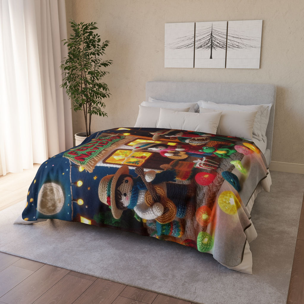 Feliz Navidad Fleece Sherpa Blanket — Festive Mexican Carolers Holiday Throw Puerto Rico Design Blanket