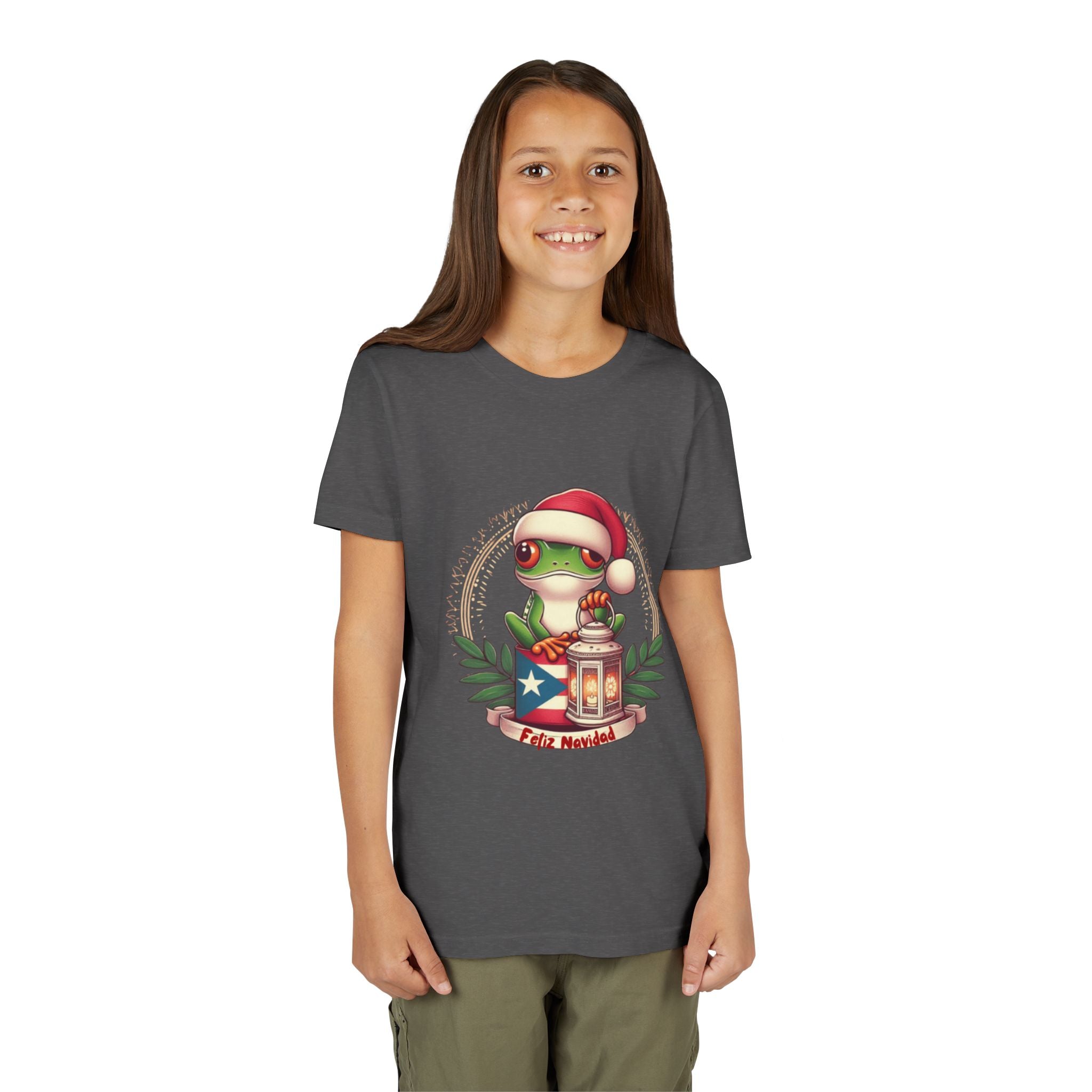 Kids Tee Cute Frog with Puerto Rican Flag & Lantern (Feliz Navidad)