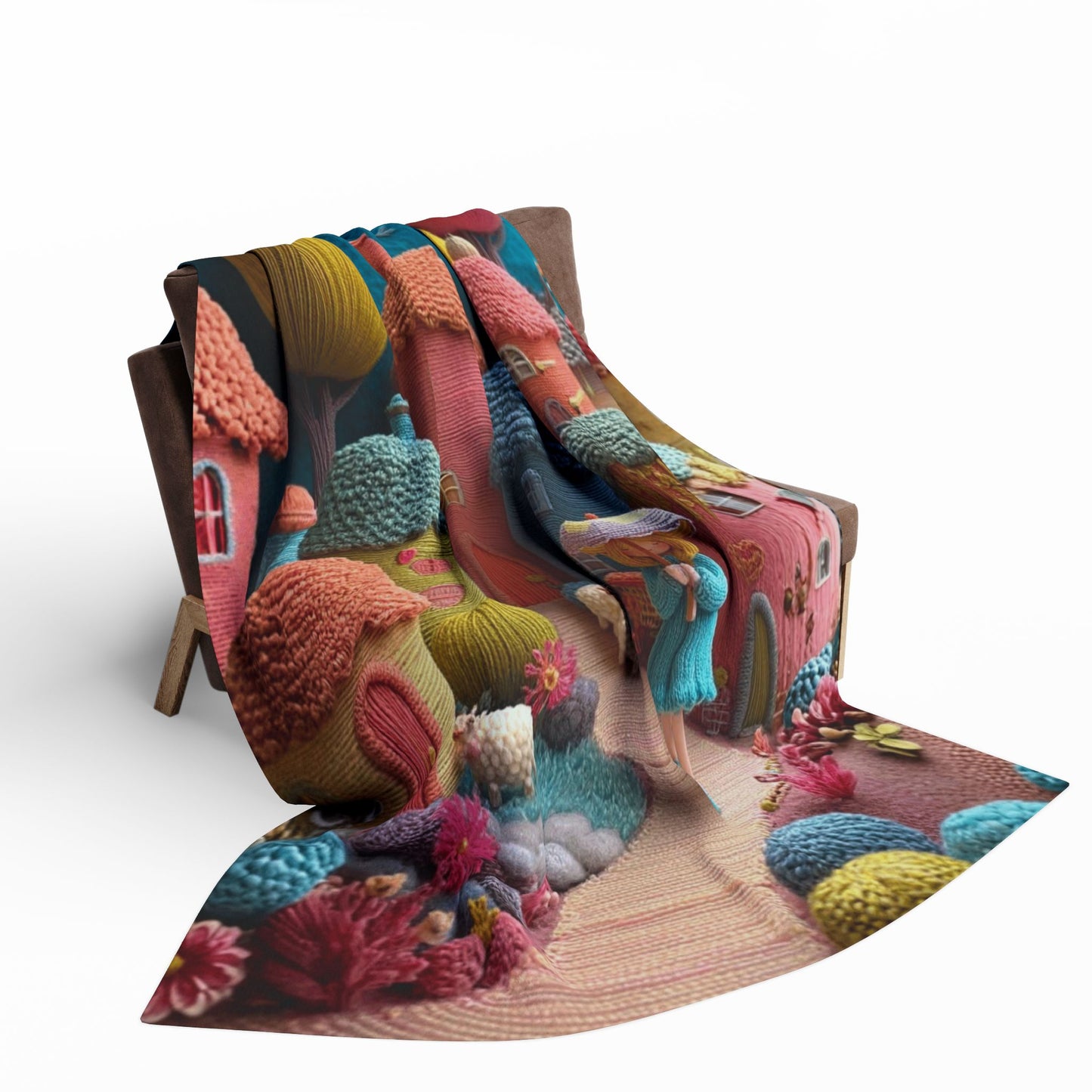 Whimsical Felt Village Fleece Blanket — Cute Cozy Throw for Kids & Nursery