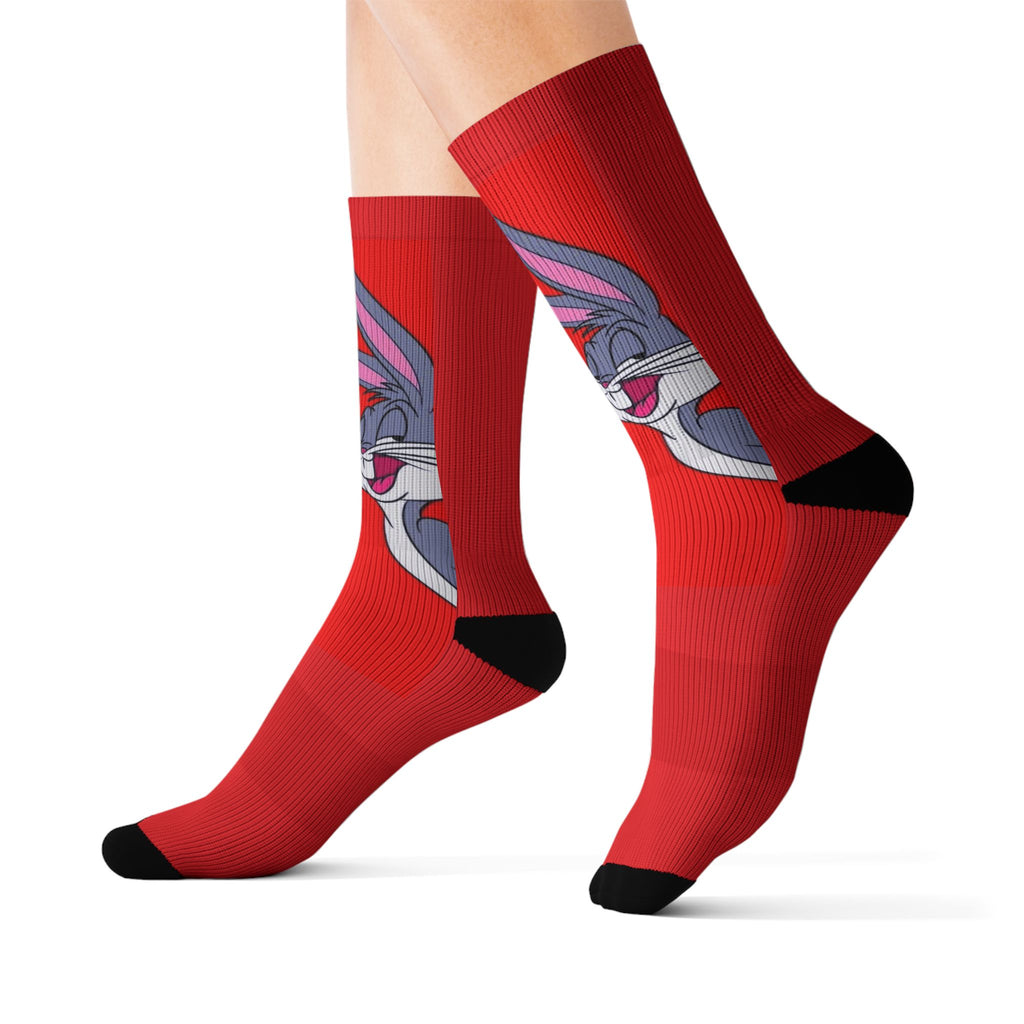 Bunny Face Red Sublimation Socks  Fun Cartoon Rabbit Crew Socks