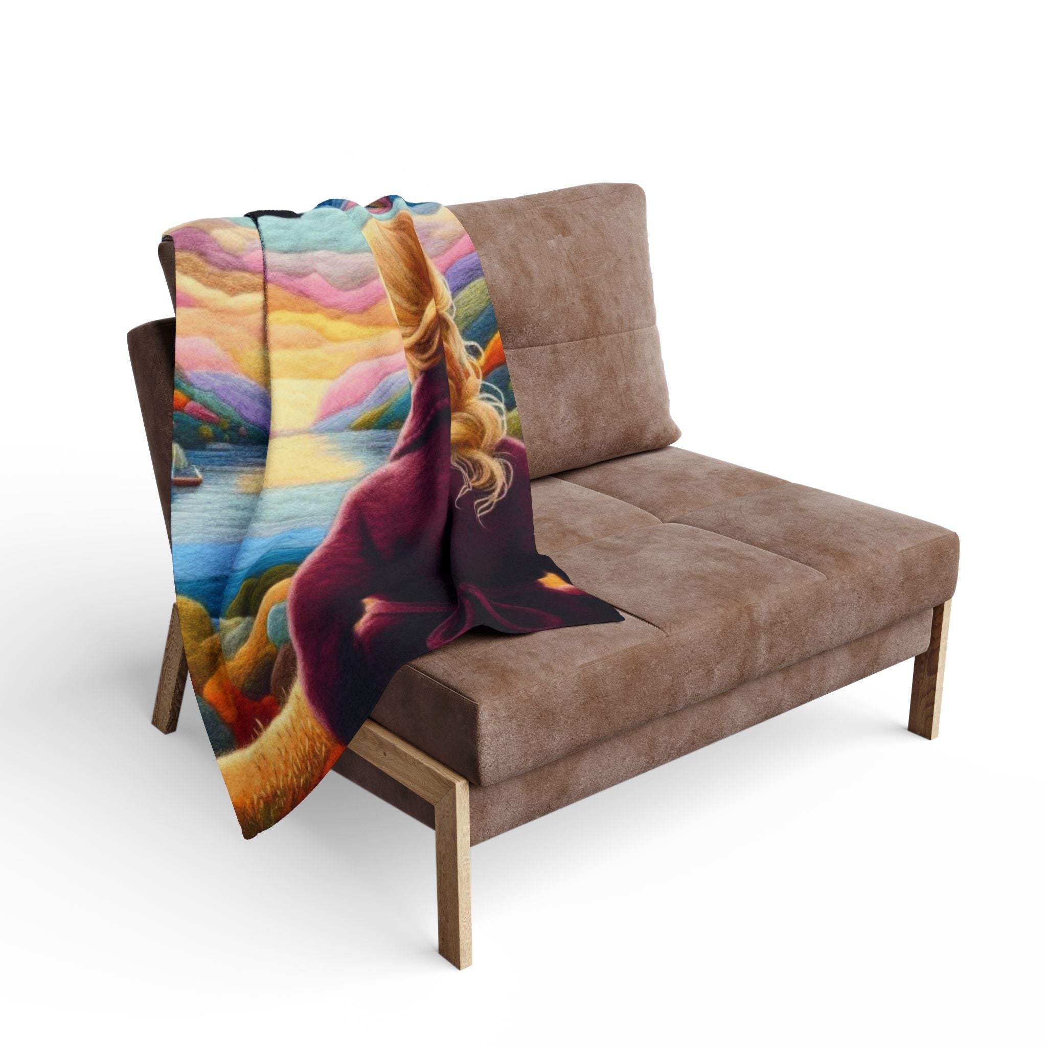 Scenic Girl Fleece Blanket — Cozy Sunset Landscape Throw